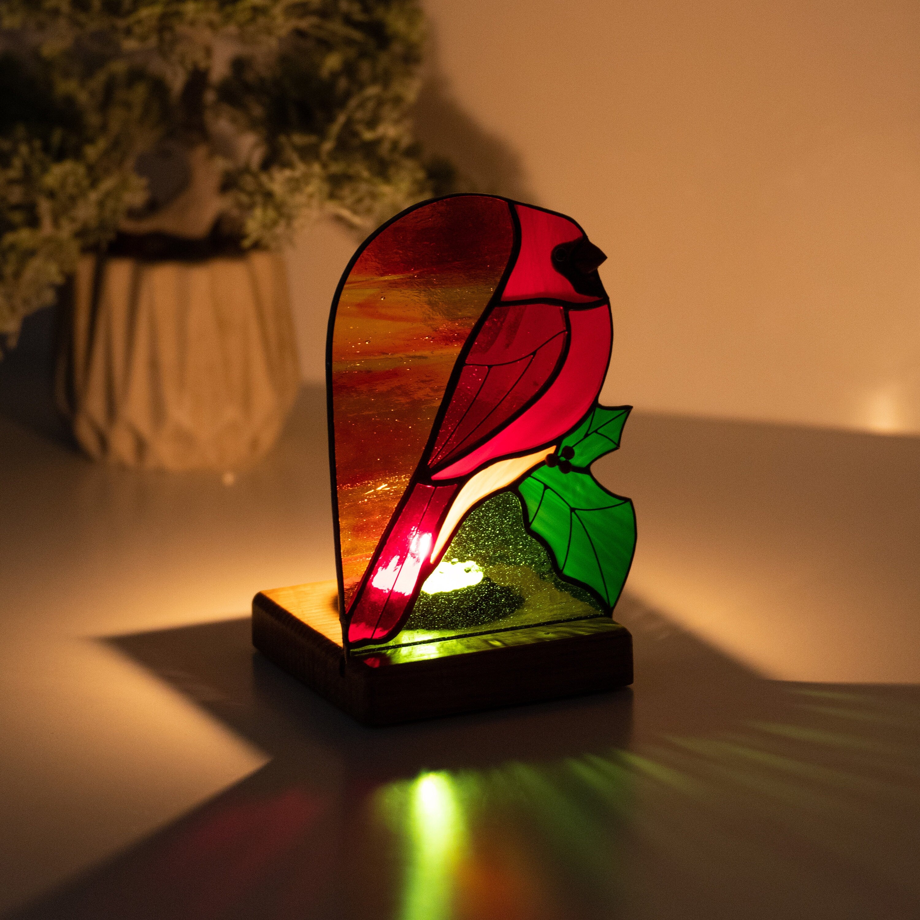 Stained glass cardinal suncatcher Godfather gift Cardinal ornament Wood candle holder Custom stained glass window panel with Holly Leaves
