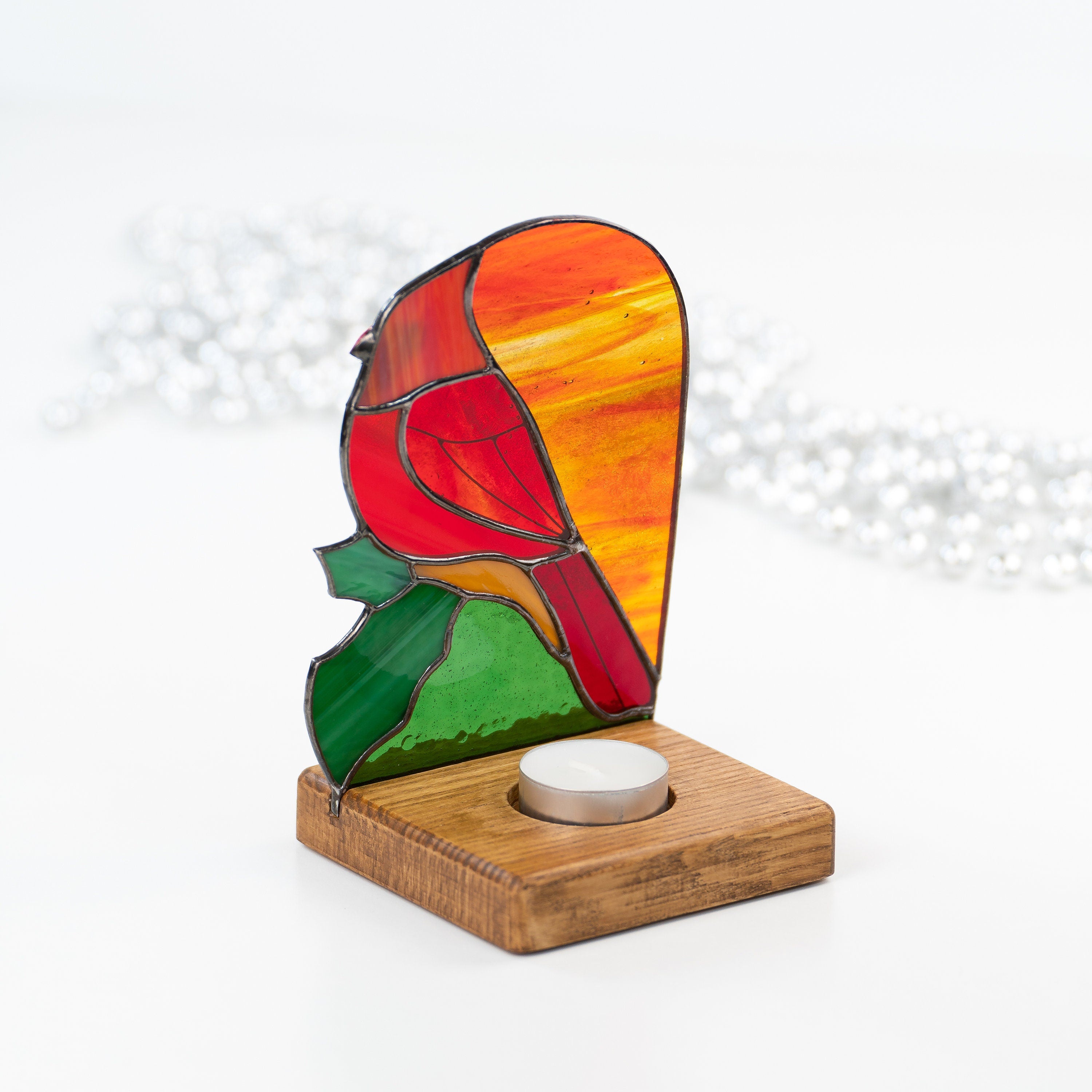 Stained glass cardinal suncatcher Godfather gift Cardinal ornament Wood candle holder Custom stained glass window panel with Holly Leaves