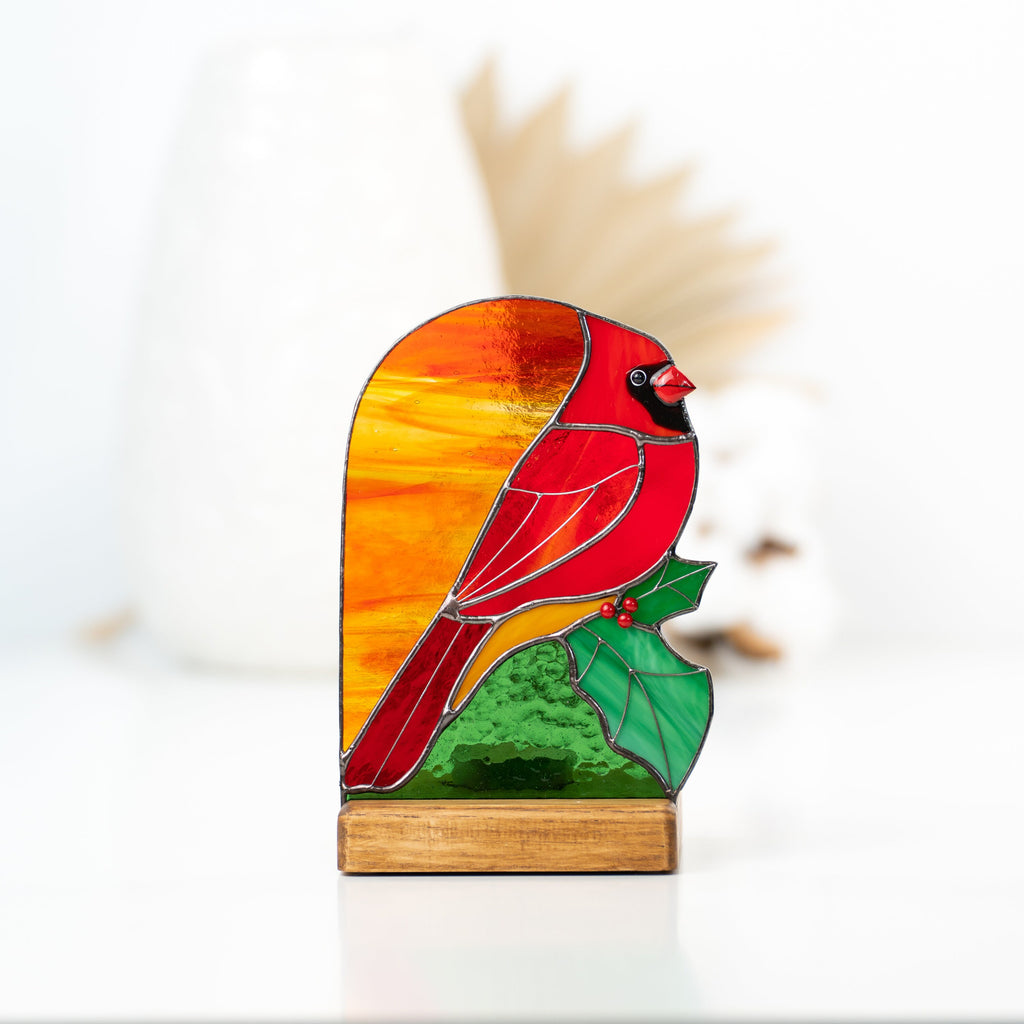 Stained glass cardinal suncatcher Godfather gift Cardinal ornament Wood candle holder Custom stained glass window panel with Holly Leaves