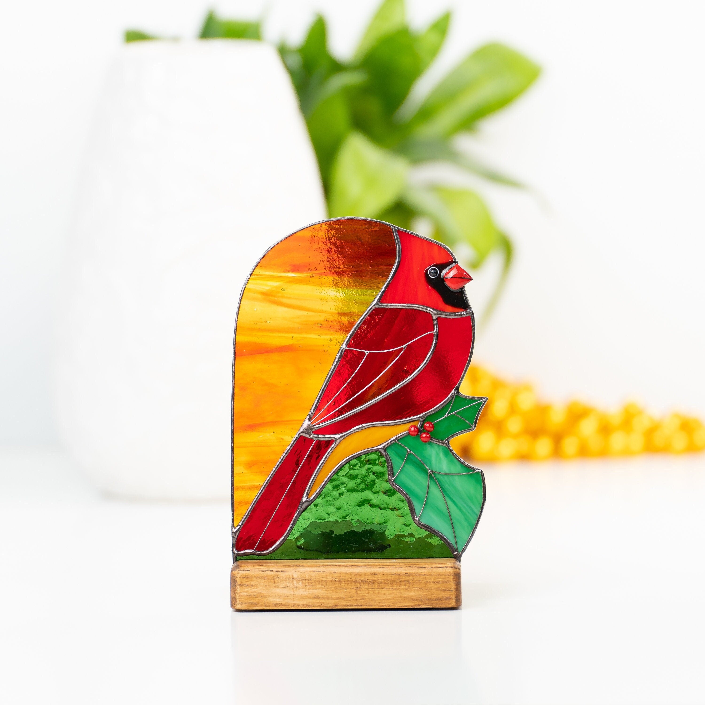 Stained glass cardinal suncatcher Godfather gift Cardinal ornament Wood candle holder Custom stained glass window panel with Holly Leaves