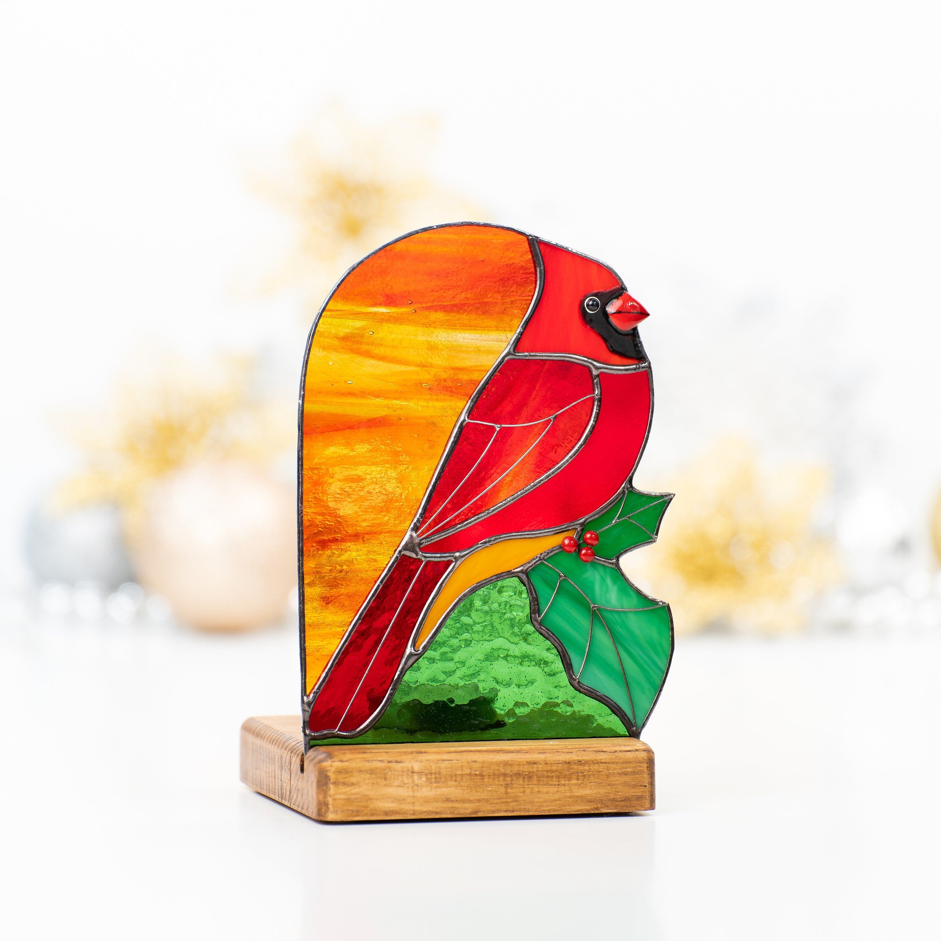 Stained glass cardinal suncatcher Godfather gift Cardinal ornament Wood candle holder Custom stained glass window panel with Holly Leaves