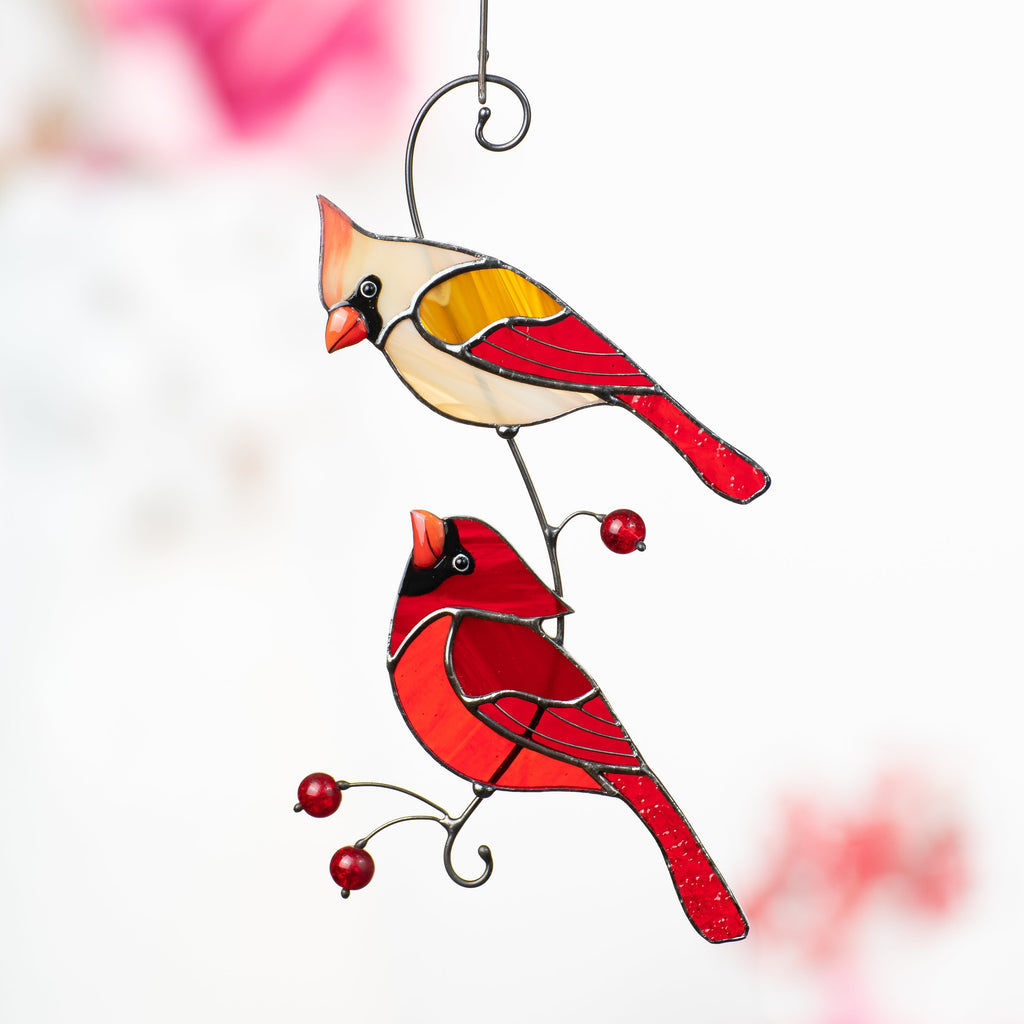 Stained glass cardinal ornament Best gift for mom Cardinal stained glass window hangings Garden art Modern stained glass bird suncatcher