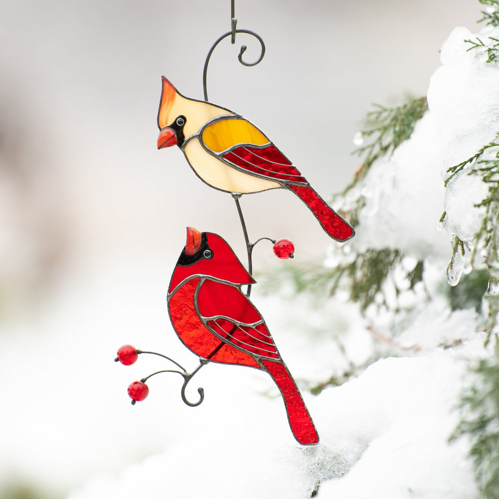 Stained glass cardinal ornament Best gift for mom Cardinal stained glass window hangings Garden art Modern stained glass bird suncatcher