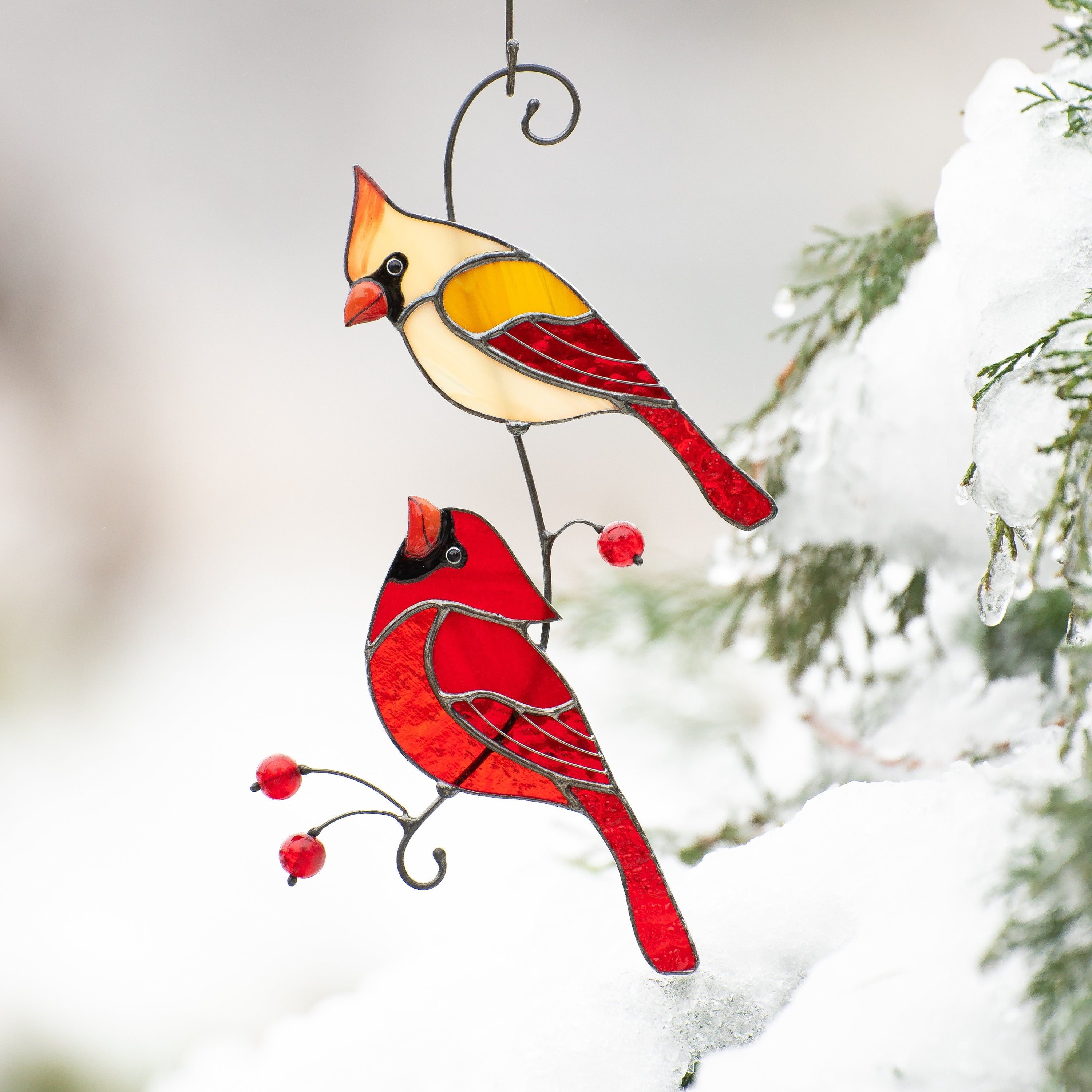 Stained glass cardinal ornament Best gift for mom Cardinal stained glass window hangings Garden art Modern stained glass bird suncatcher