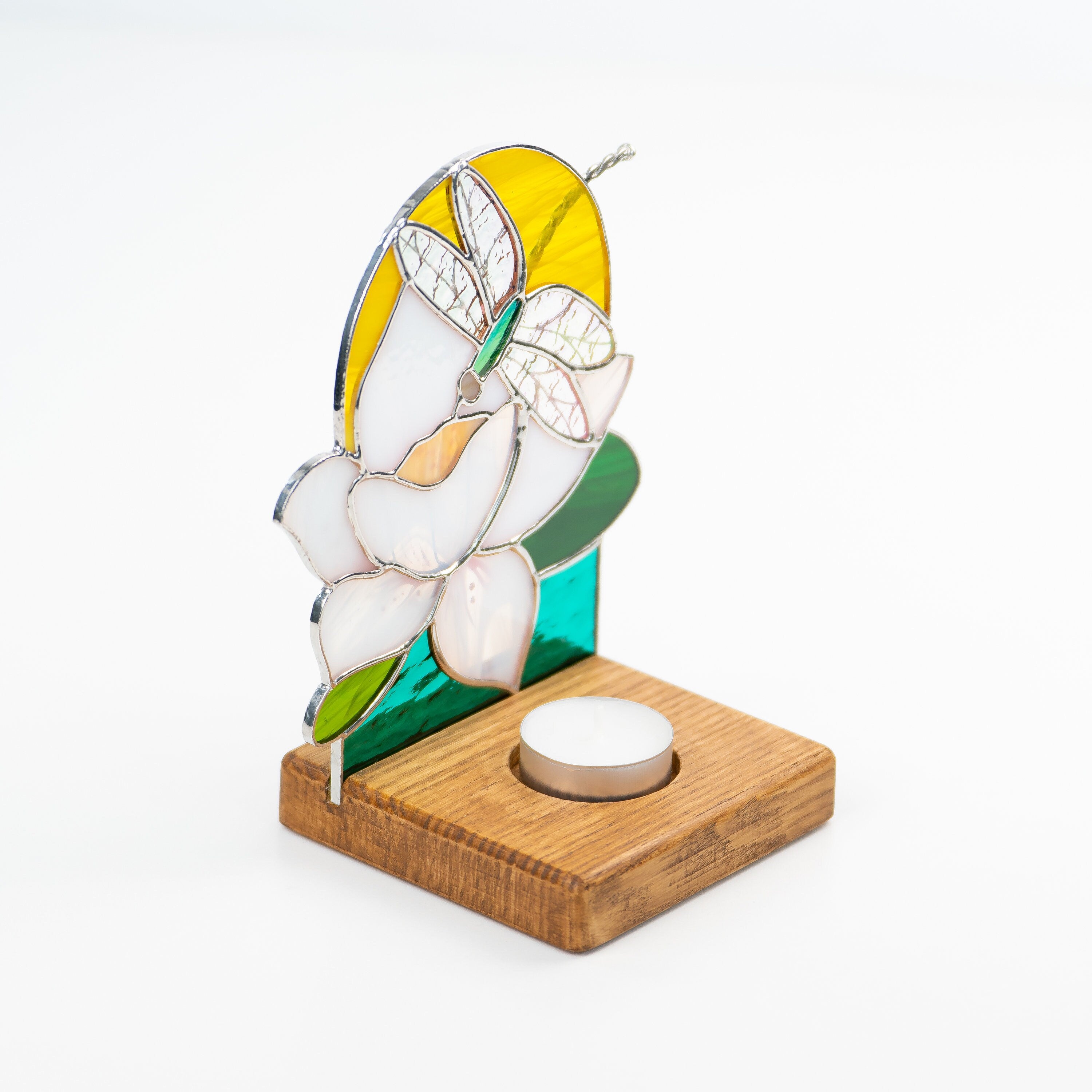 Dragonfly stained glass window wooden candle holder Daughter in law gift Custom stained glass flower suncatcher Dragonfly gifts