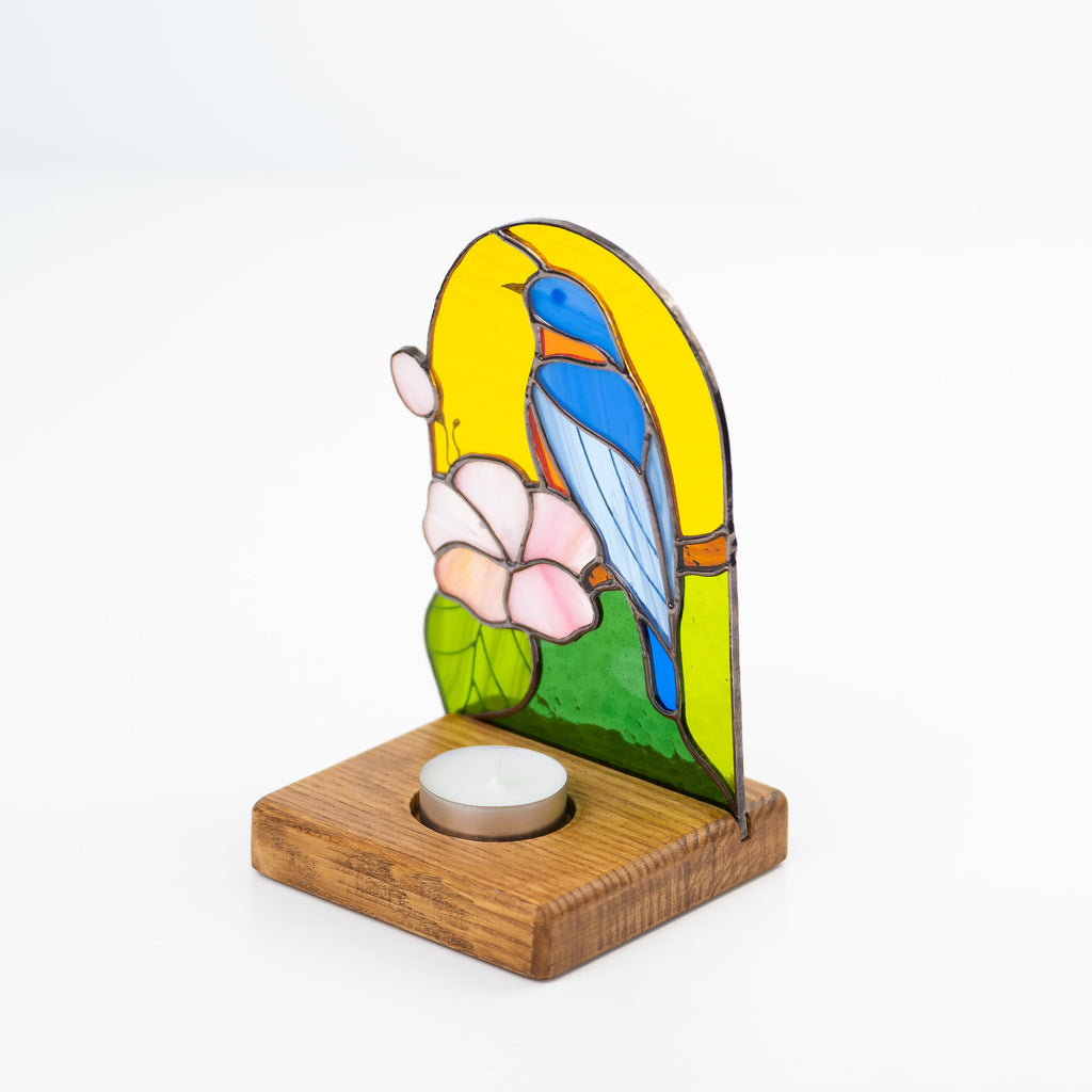 Bluebird stained glass panel House warming gifts new home New mom gift Stained glass candle holder Custom stained glass bird suncatcher