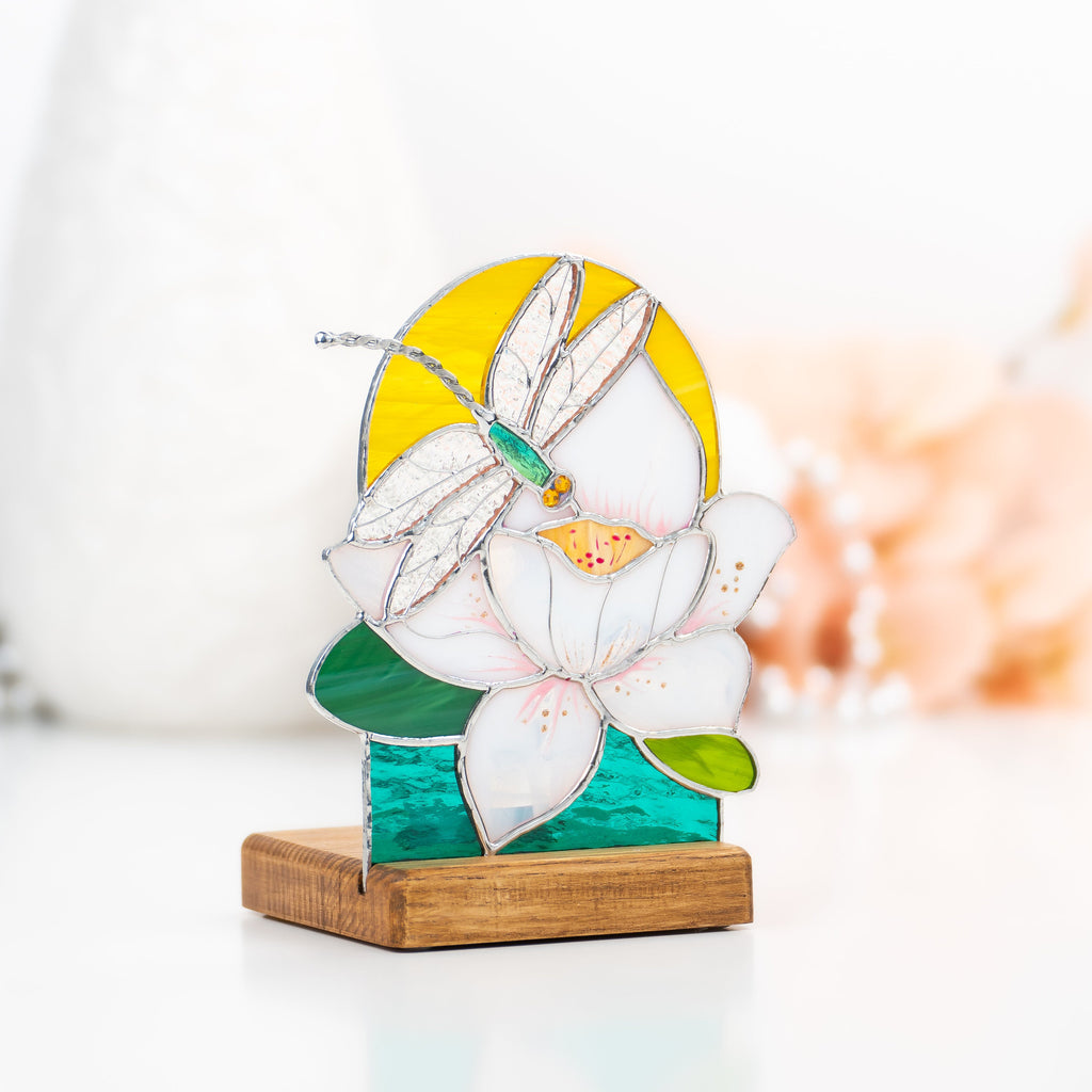 Dragonfly stained glass window wooden candle holder Daughter in law gift Custom stained glass flower suncatcher Dragonfly gifts