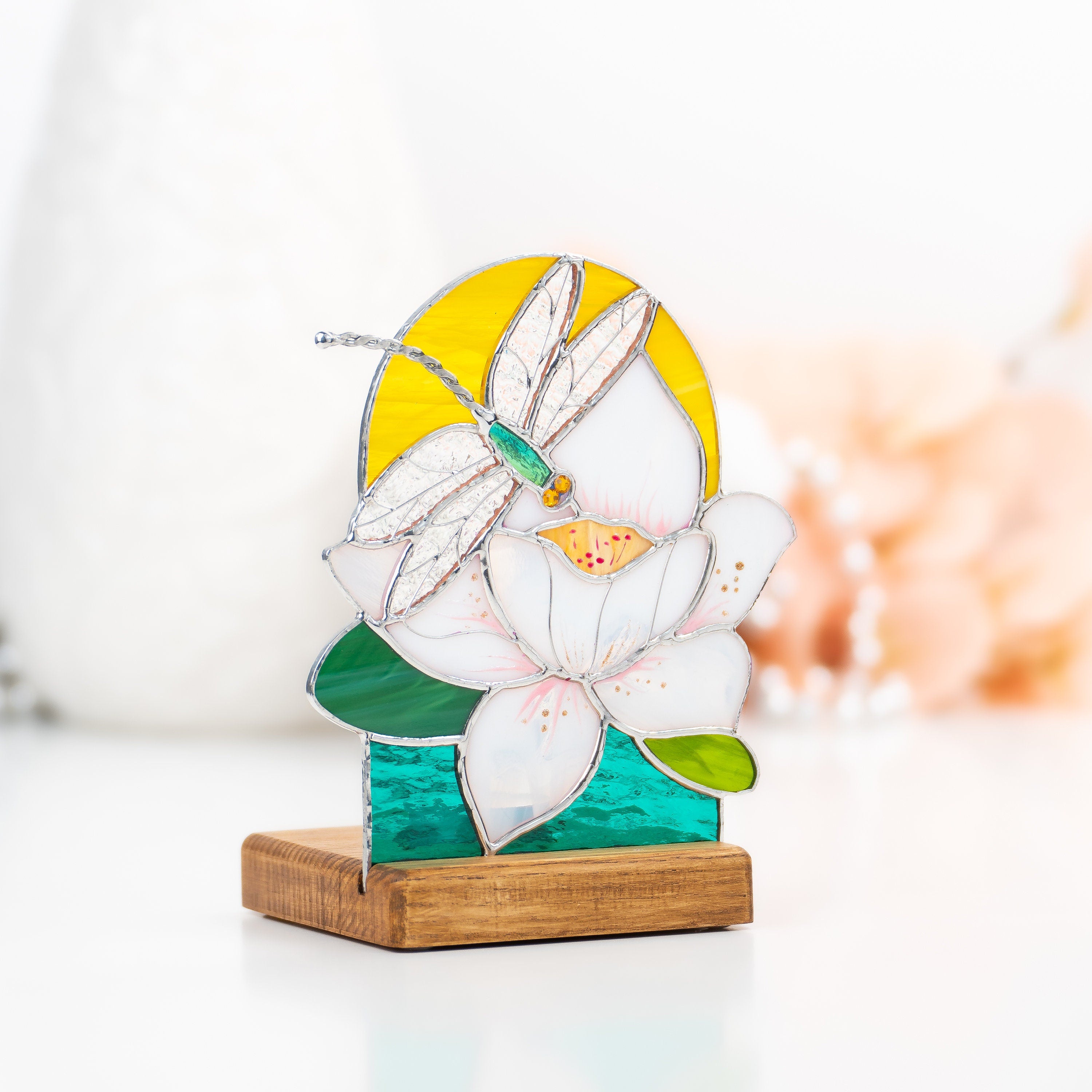 Dragonfly stained glass window wooden candle holder Daughter in law gift Custom stained glass flower suncatcher Dragonfly gifts
