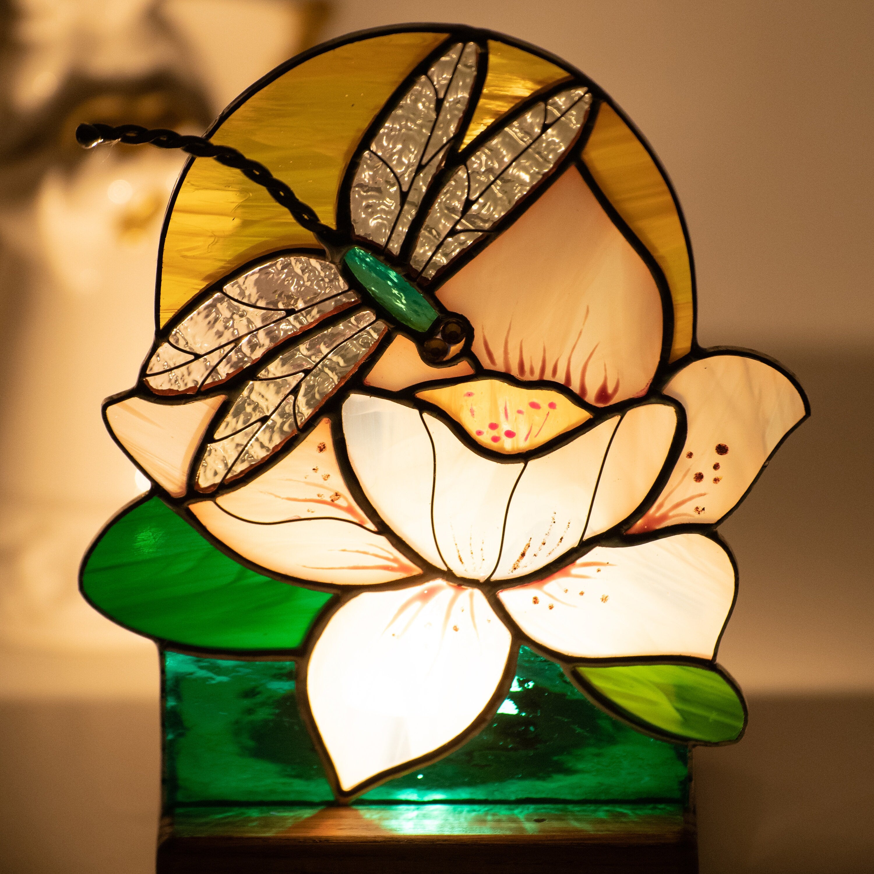 Dragonfly stained glass window wooden candle holder Daughter in law gift Custom stained glass flower suncatcher Dragonfly gifts