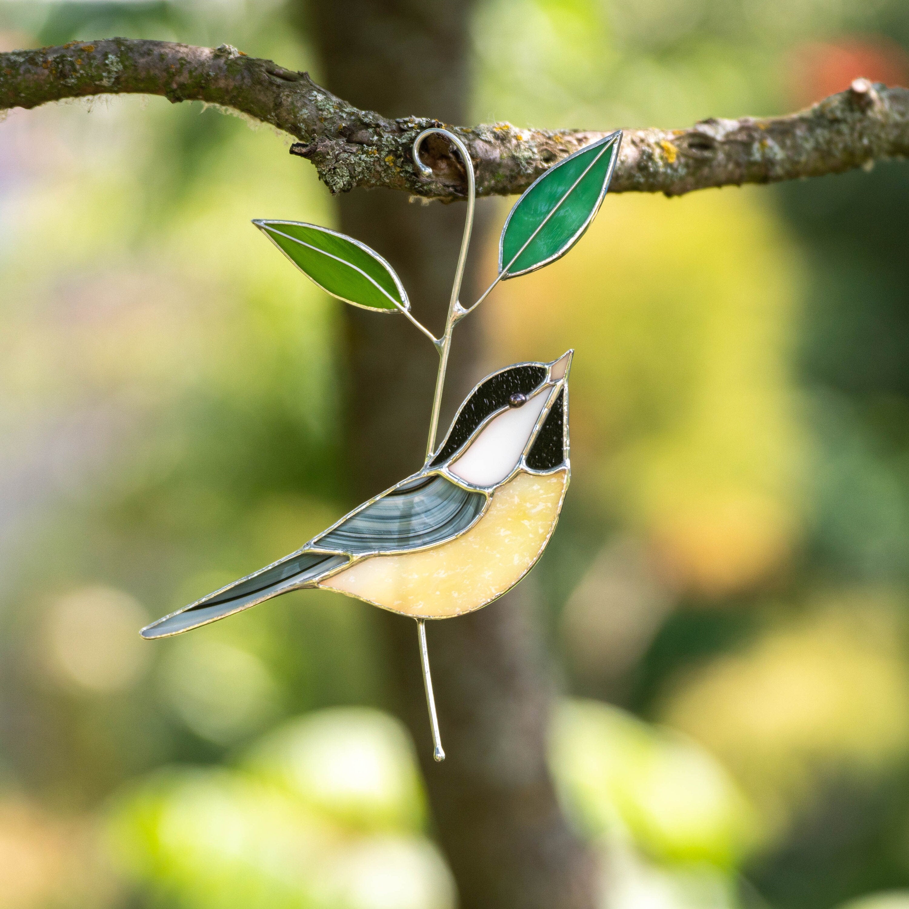 Black capped chickadee stained glass window hangings Grandma gifts Modern stained glass bird suncatcher Original wildlife art