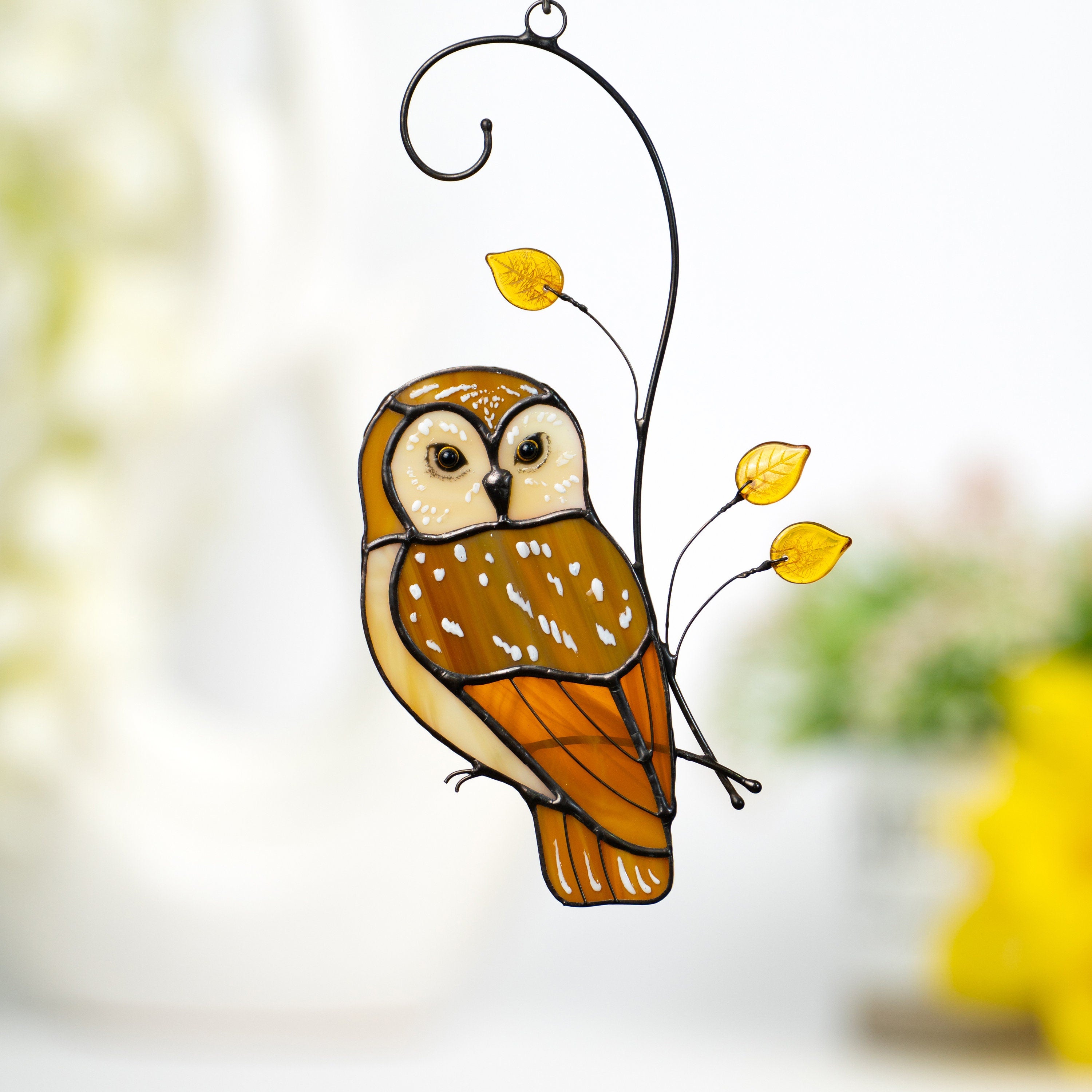 Owl ornament stained glass window hangings Godfather gift Stained glass bird suncatcher Custom stained glass barn owl figurine