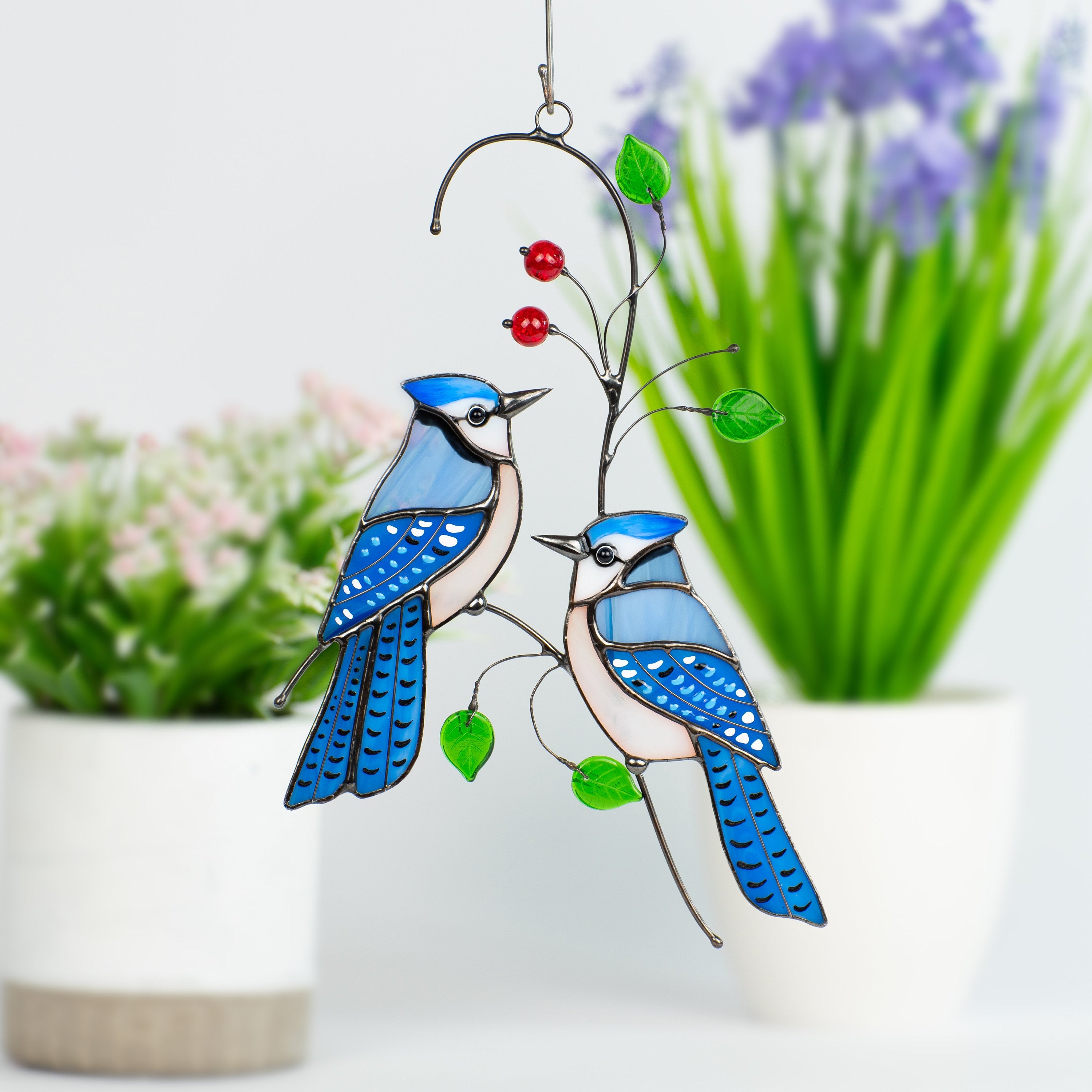 Stained glass bird suncatcher Grandparent gifts Blue jay stained glass window hangings Custom stained glass bird artwork