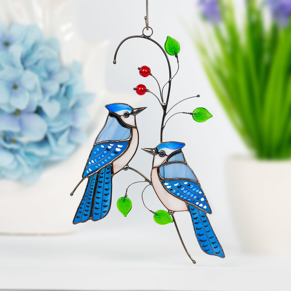 Stained glass bird suncatcher Grandparent gifts Blue jay stained glass window hangings Custom stained glass bird artwork