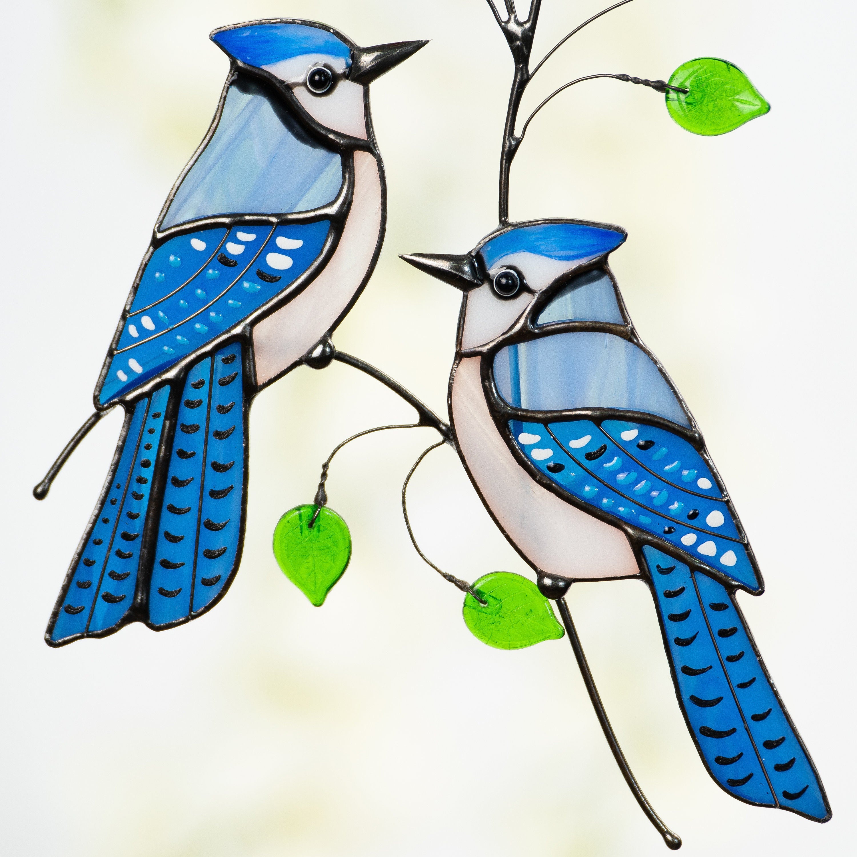 Stained glass bird suncatcher Grandparent gifts Blue jay stained glass window hangings Custom stained glass bird artwork