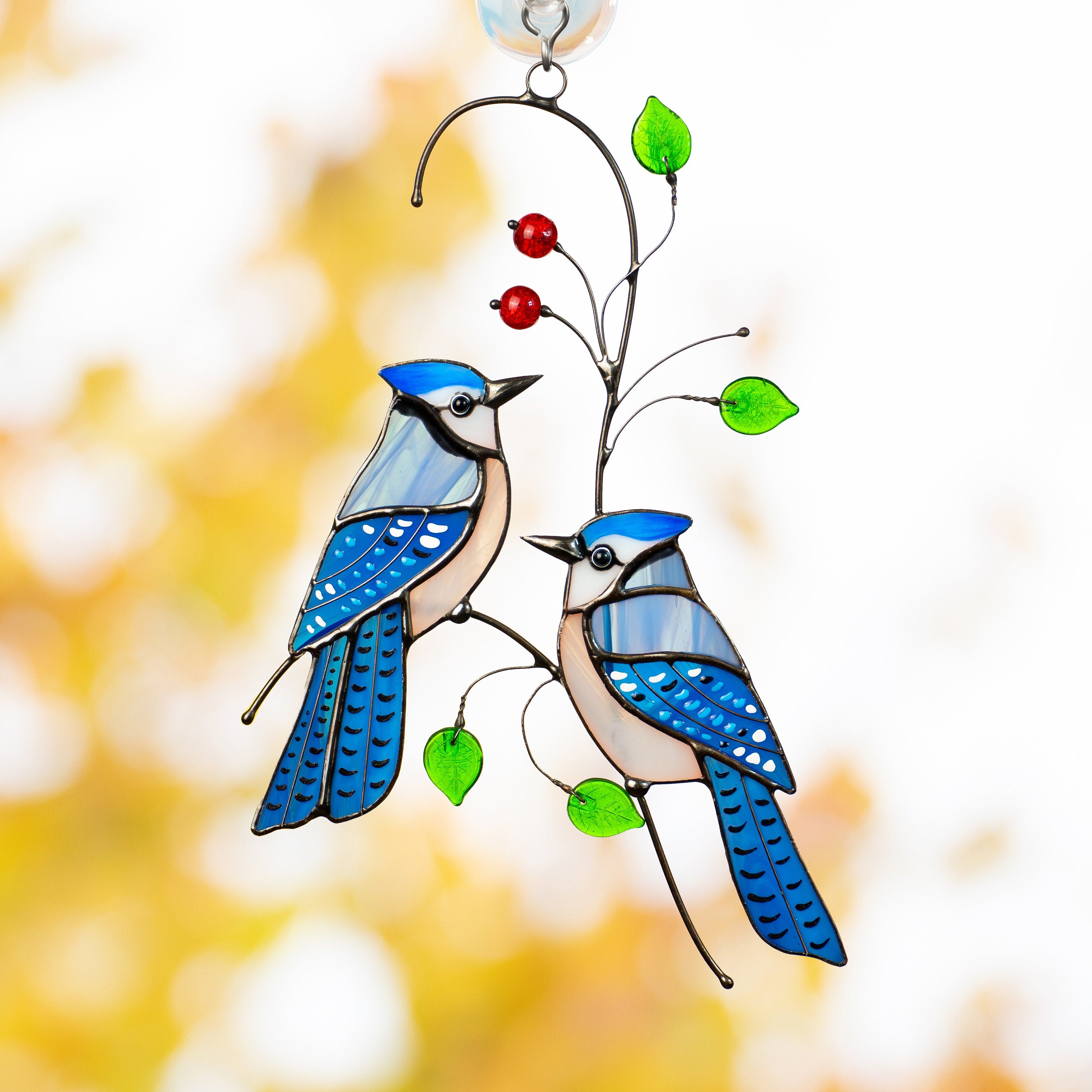 Stained glass bird suncatcher Grandparent gifts Blue jay stained glass window hangings Custom stained glass bird artwork