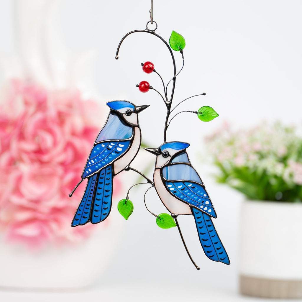 Stained glass bird suncatcher Grandparent gifts Blue jay stained glass window hangings Custom stained glass bird artwork