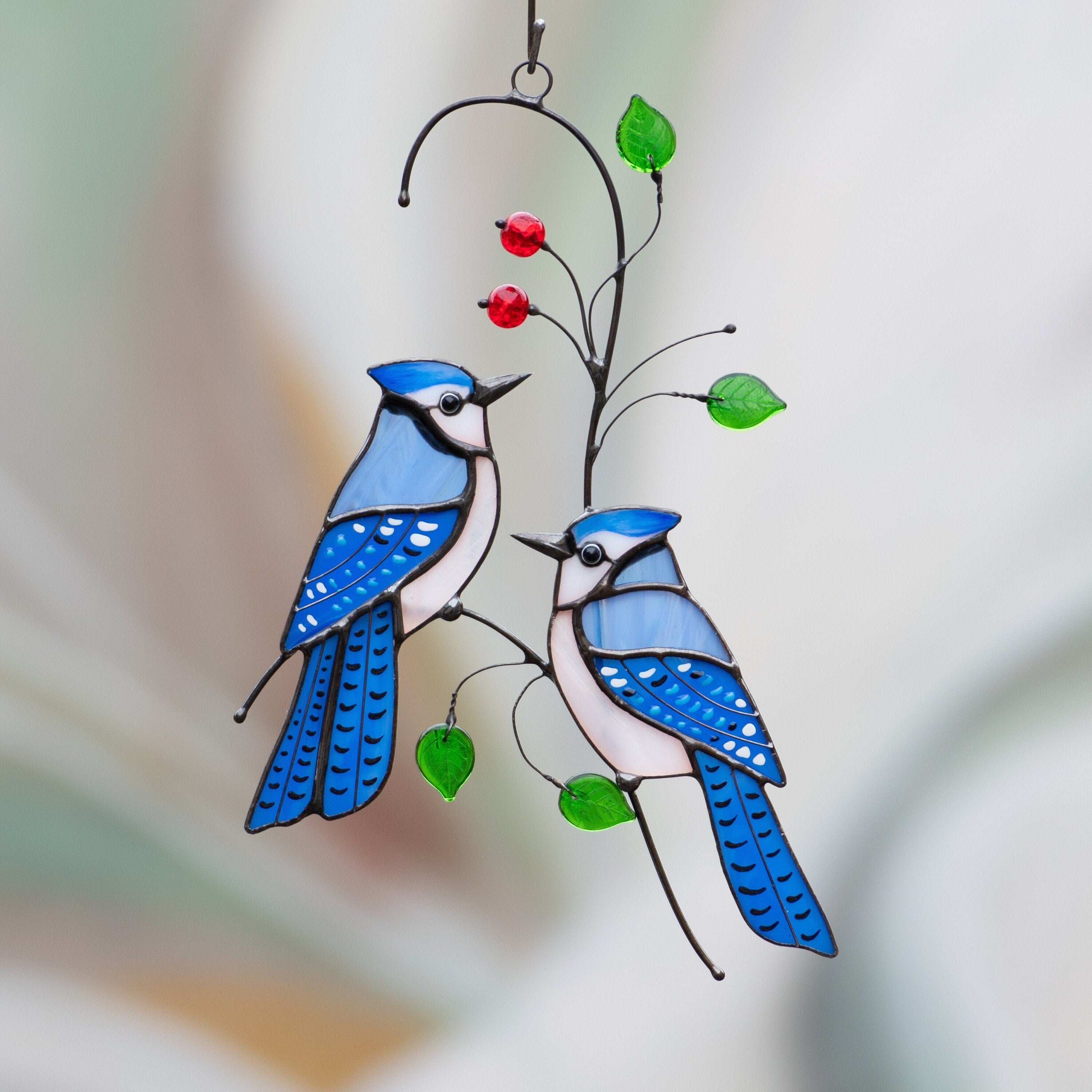 Stained glass bird suncatcher Grandparent gifts Blue jay stained glass window hangings Custom stained glass bird artwork