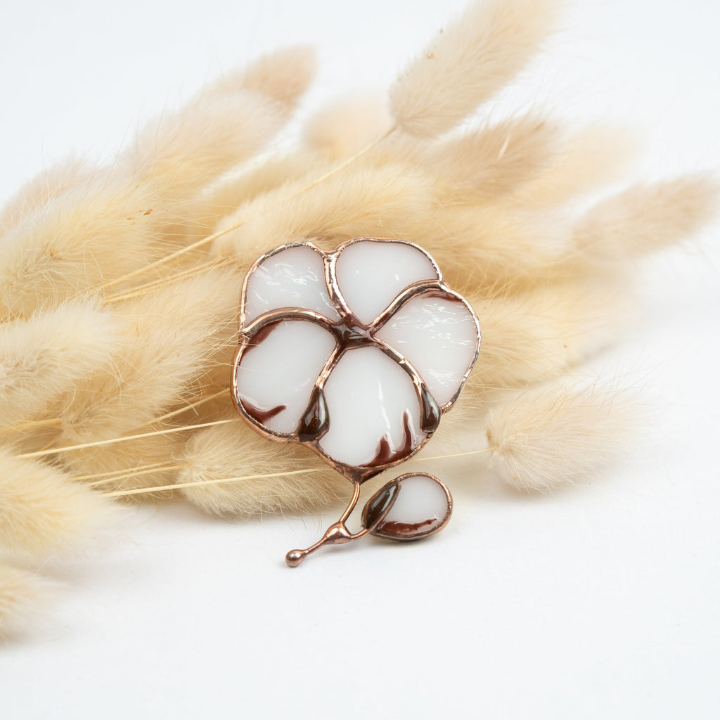 Stained glass white flower brooch Handmade nature inspired jewelry gift for mom