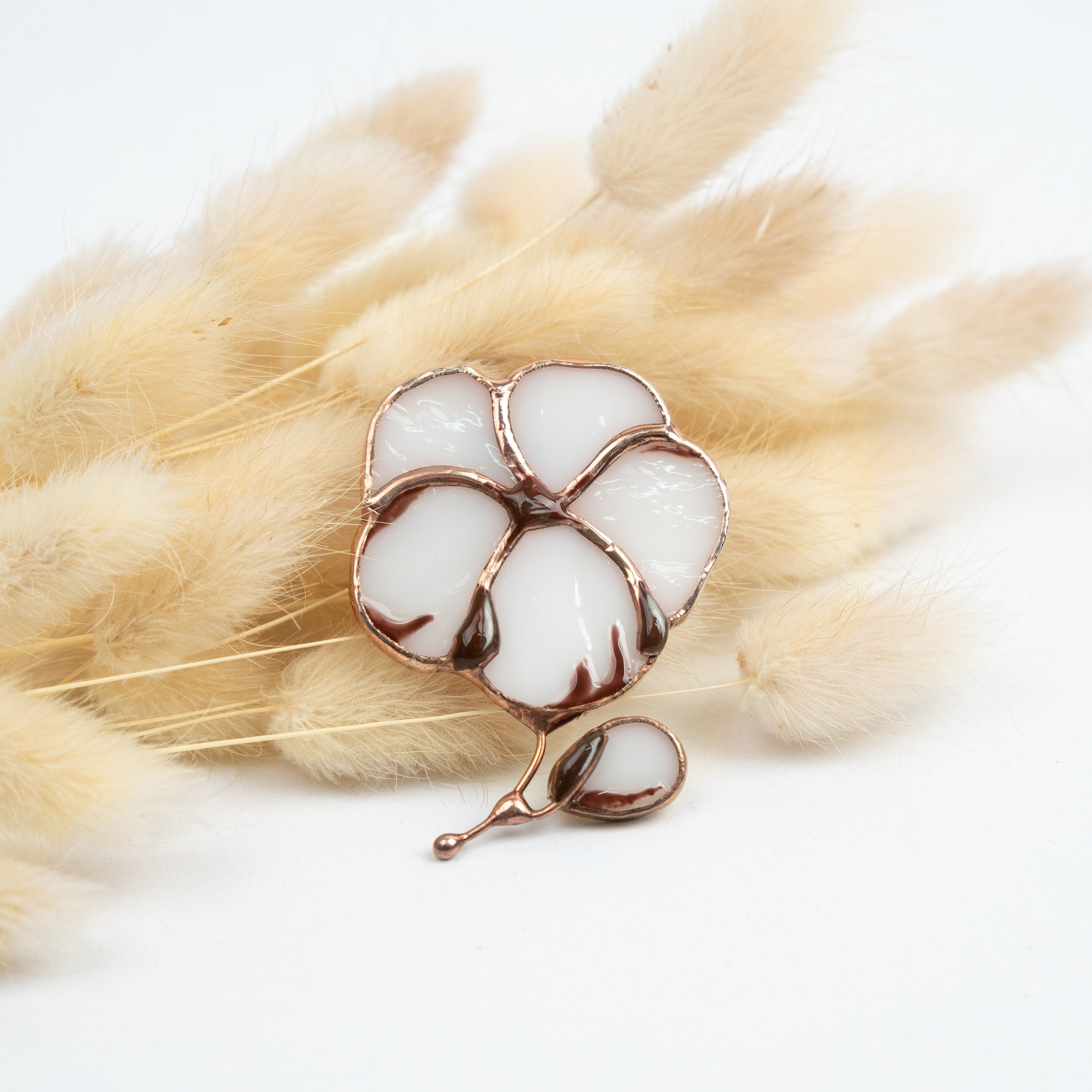Stained glass white flower brooch Handmade nature inspired jewelry gift for mom