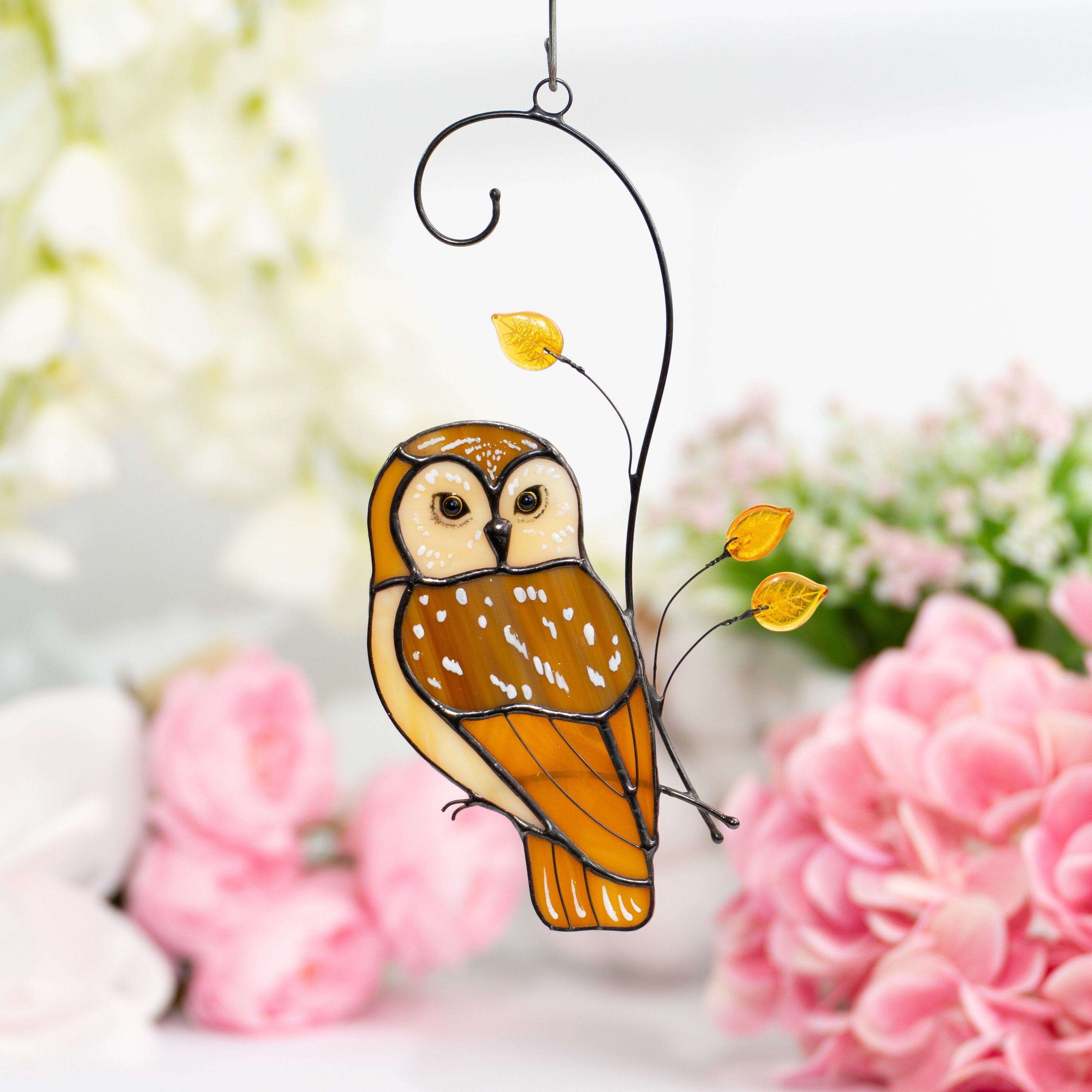 Owl ornament stained glass window hangings Godfather gift Stained glass bird suncatcher Custom stained glass barn owl figurine