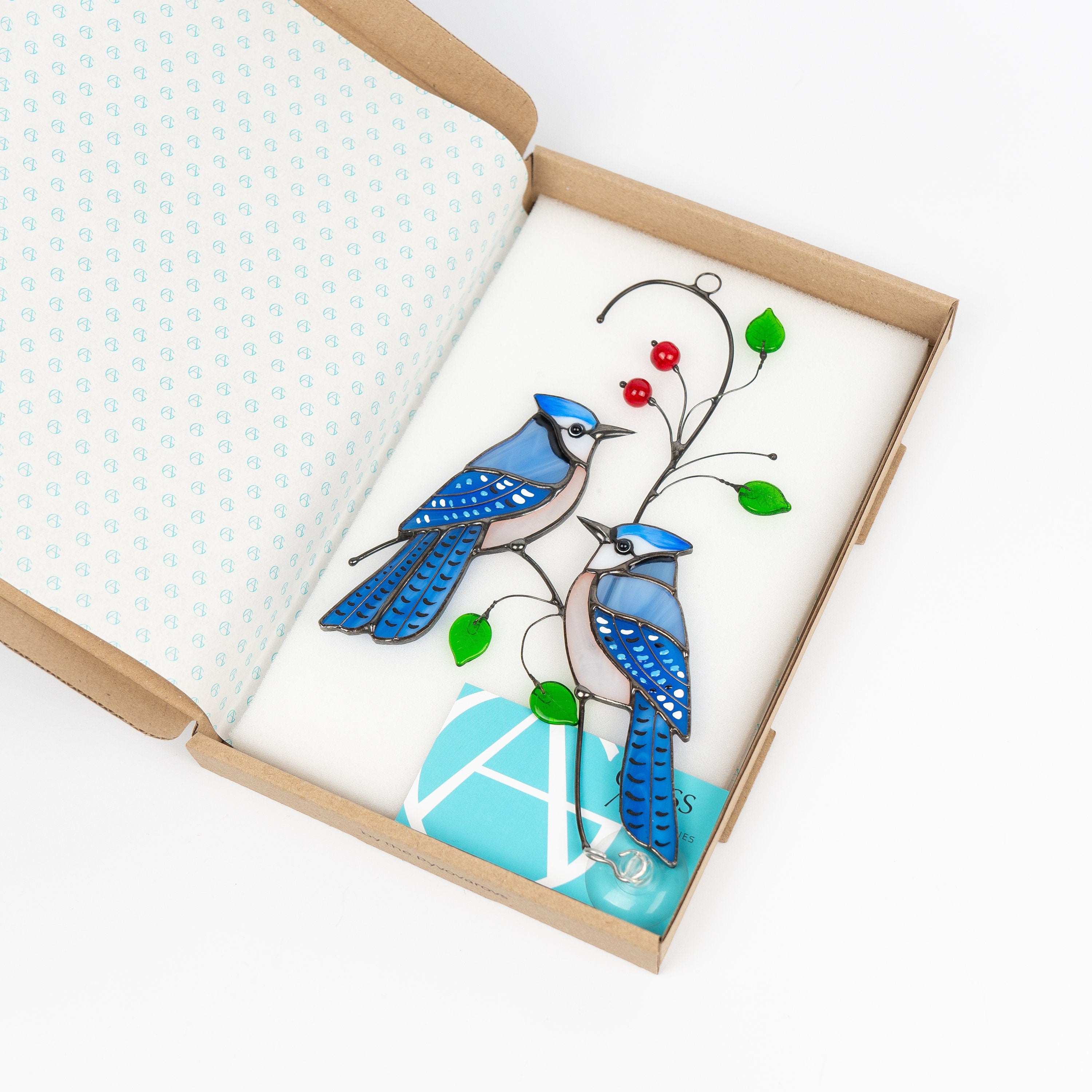 Stained glass bird suncatcher Grandparent gifts Blue jay stained glass window hangings Custom stained glass bird artwork
