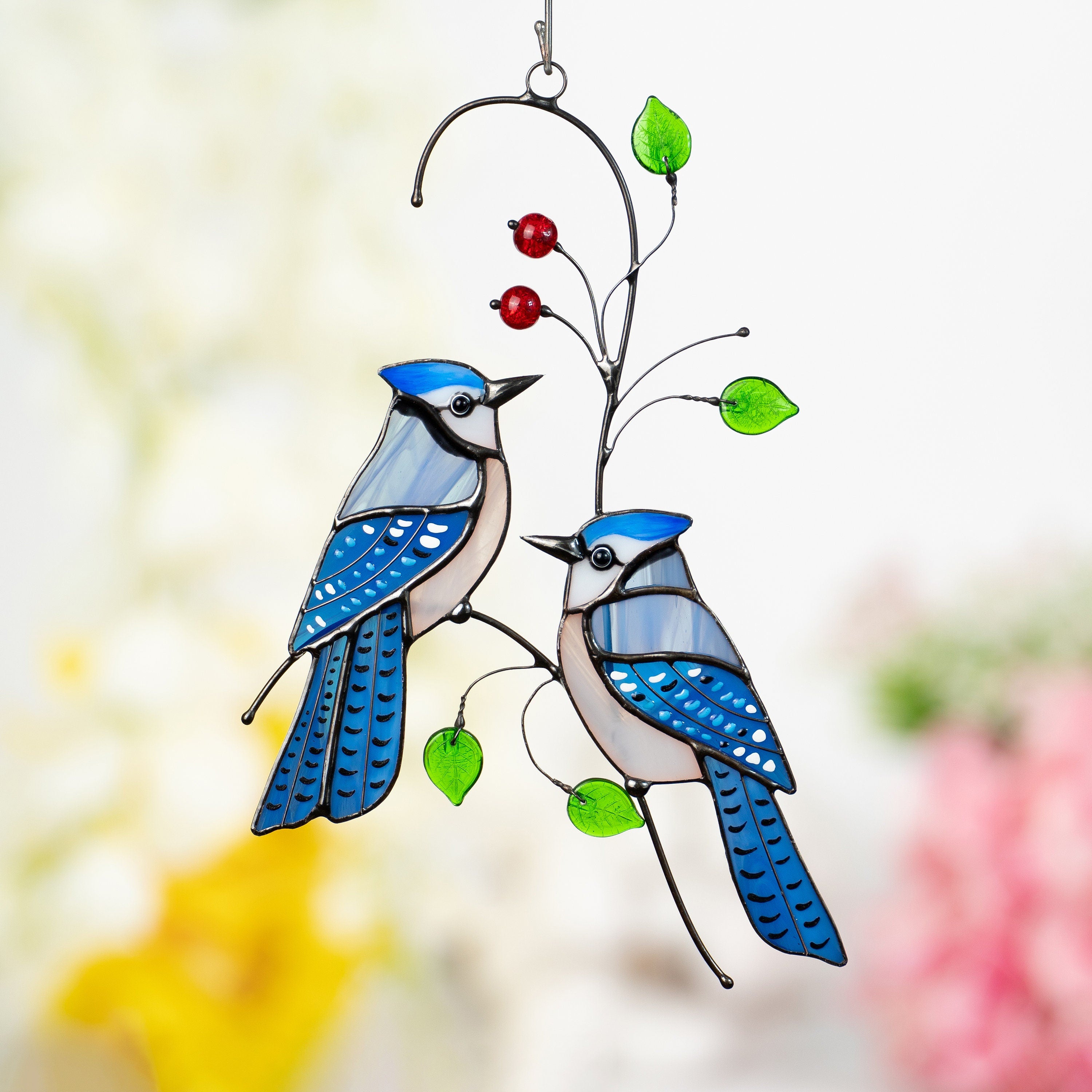 Stained glass bird suncatcher Grandparent gifts Blue jay stained glass window hangings Custom stained glass bird artwork