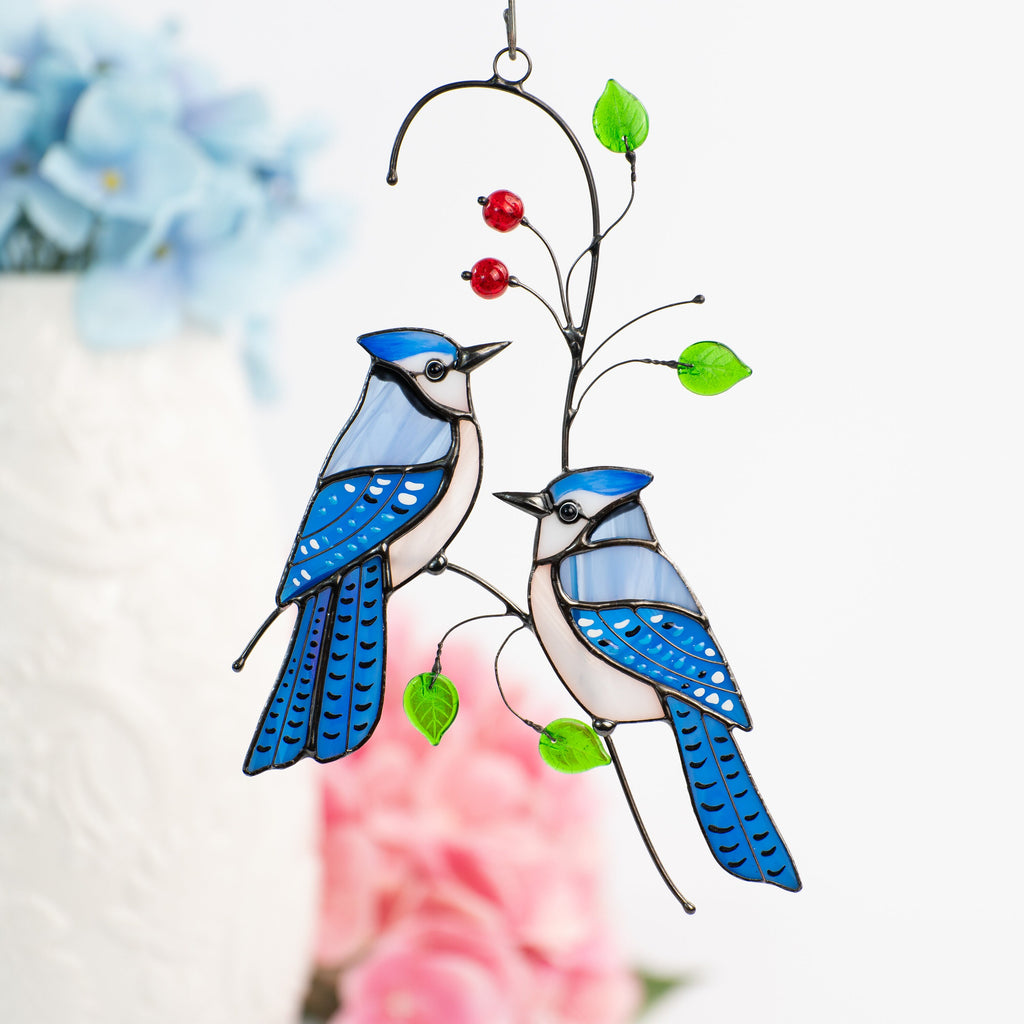 Stained glass bird suncatcher Grandparent gifts Blue jay stained glass window hangings Custom stained glass bird artwork