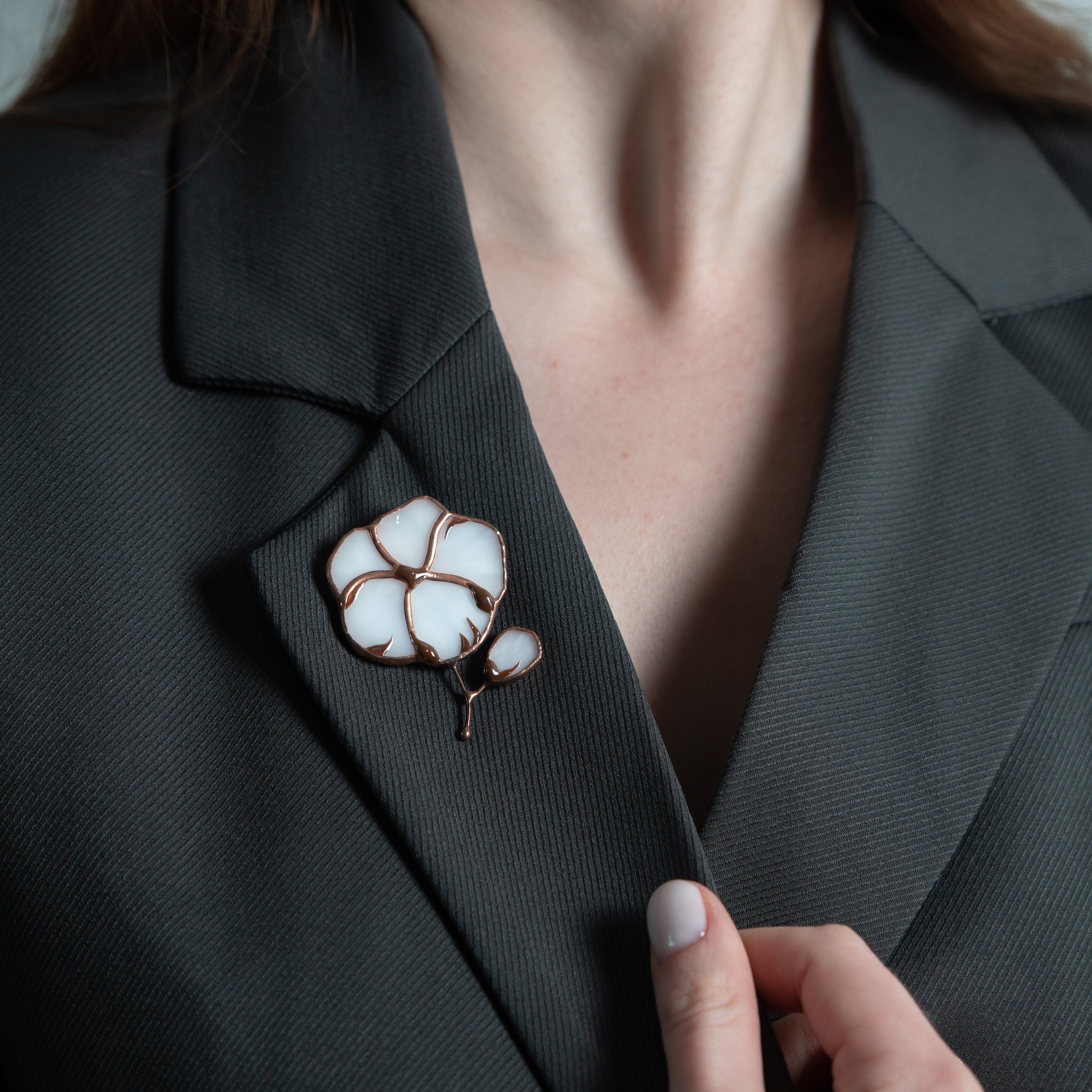 Stained glass white flower brooch Handmade nature inspired jewelry gift for mom