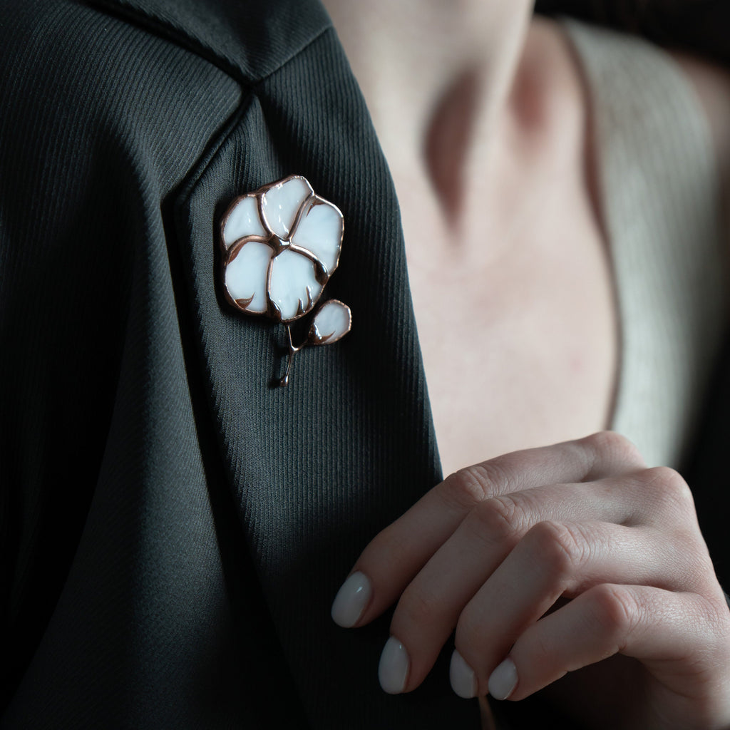 Stained glass white flower brooch Handmade nature inspired jewelry gift for mom