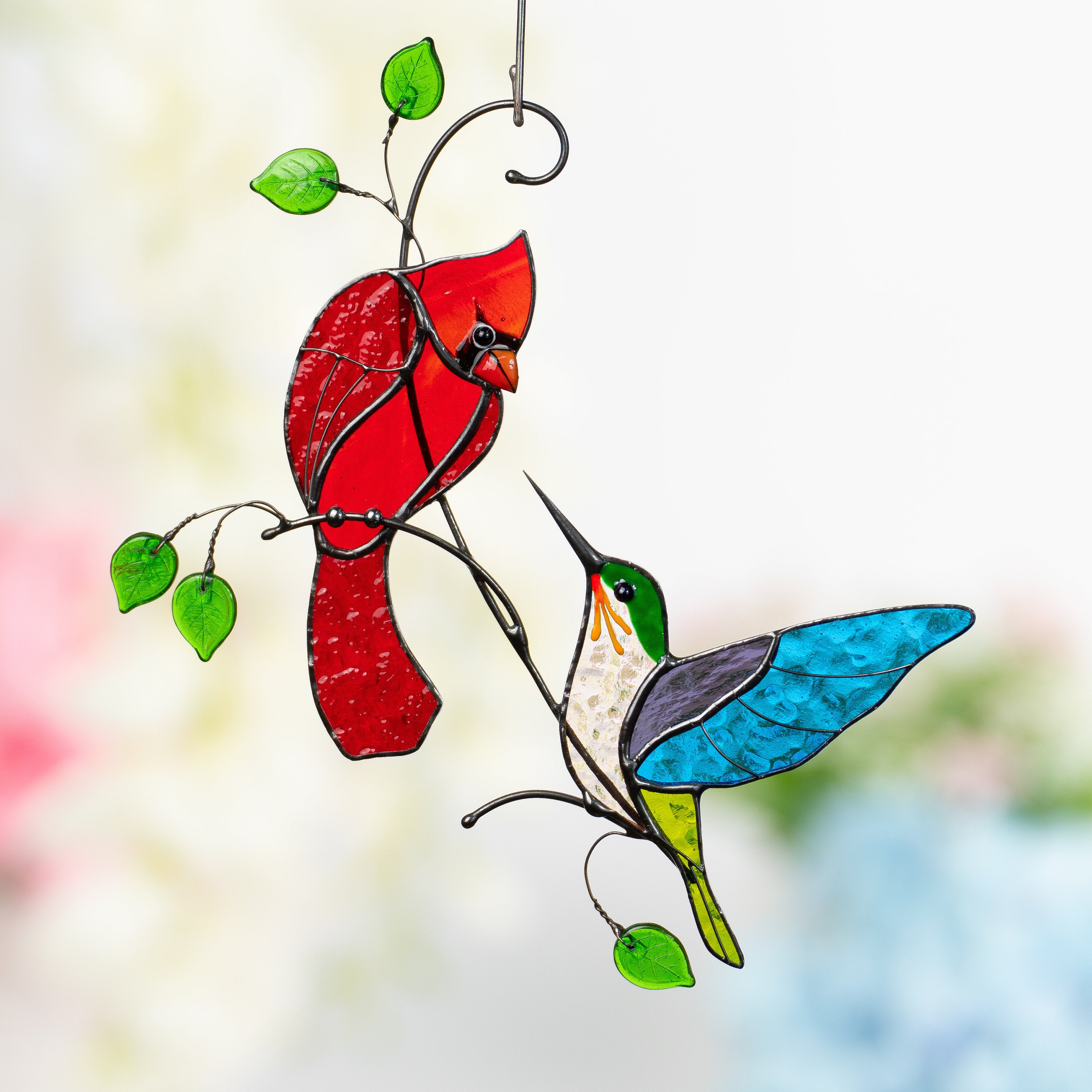 Stained glass cardinal suncatcher Fathers day gifts Hummingbird stained glass window hangings Stained glass cardinal memorial ornament