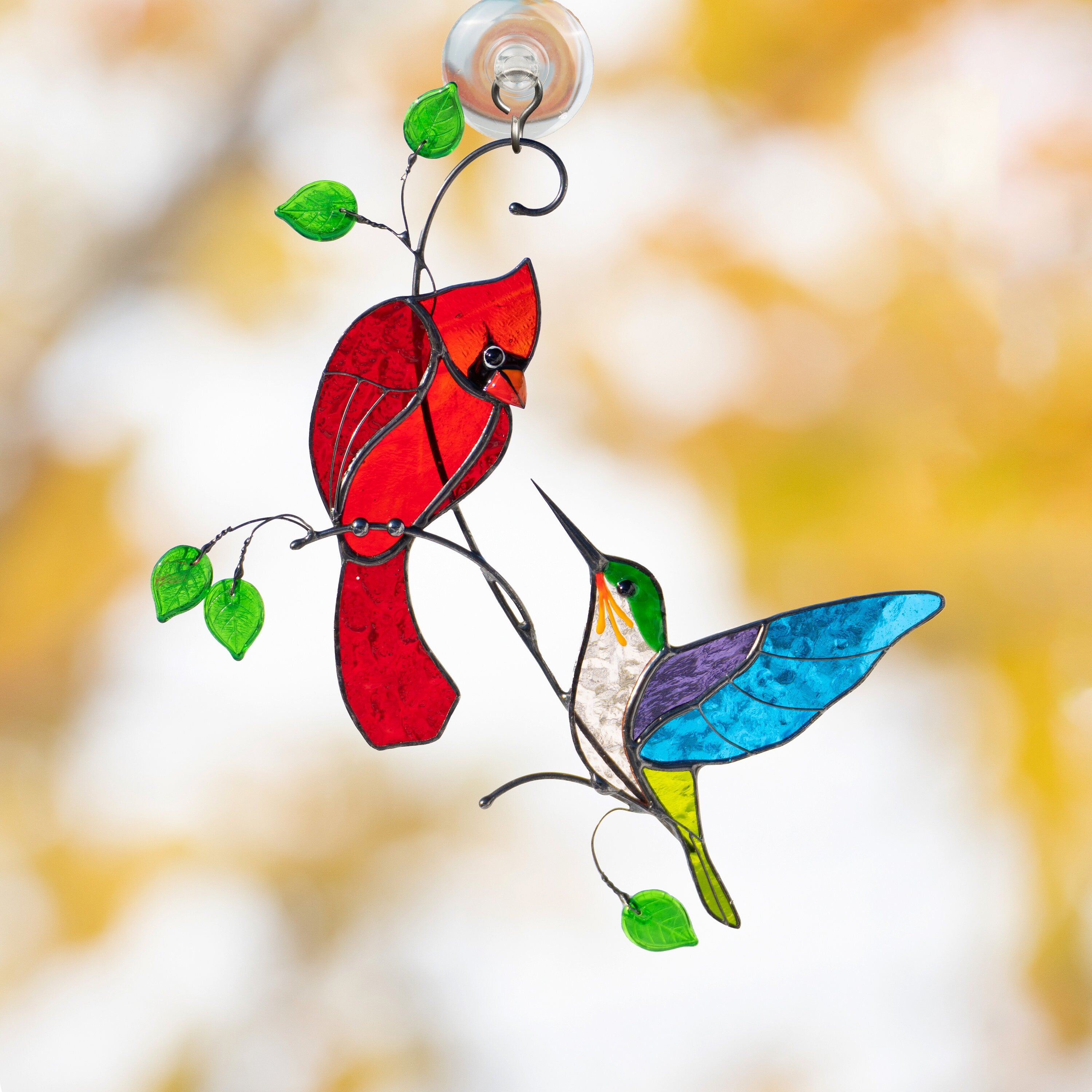 Stained glass cardinal suncatcher Fathers day gifts Hummingbird stained glass window hangings Stained glass cardinal memorial ornament