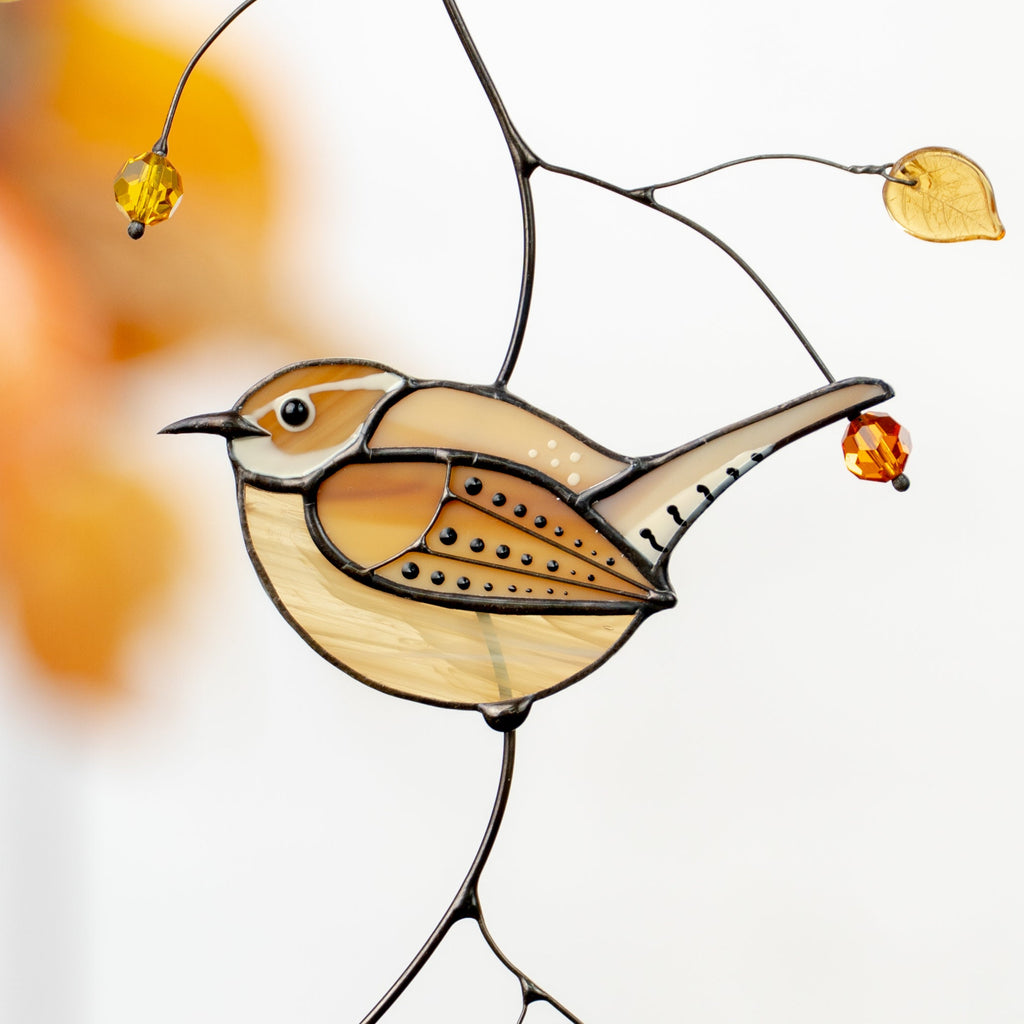 Carolina Wren stained glass bird suncatcher Mother in law gifts Custom stained glass window hangings House warming gifts new home