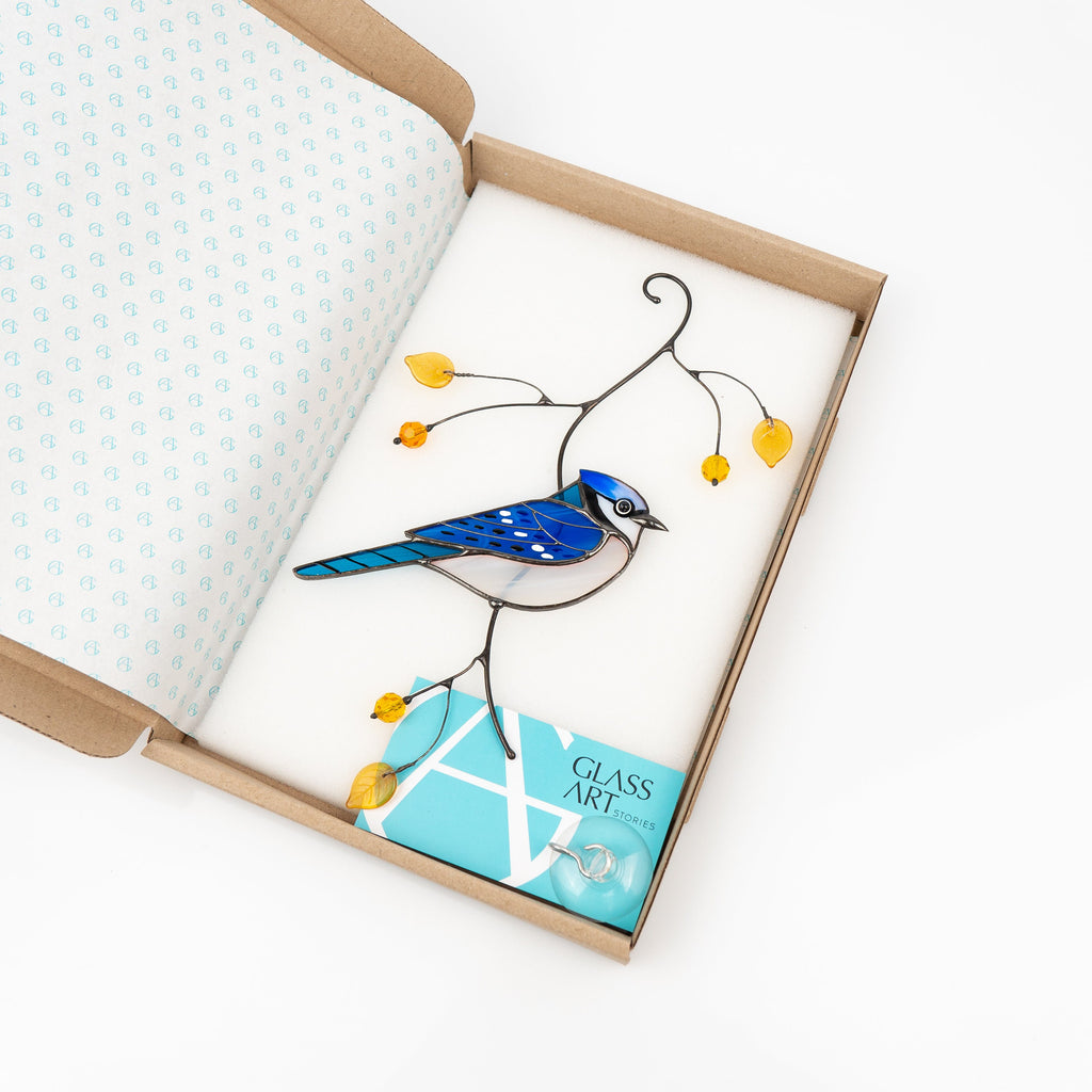 Blue jay stained glass suncatcher Grandparent gifts Bird art stained glass window hangings Unusual gifts New home ornament