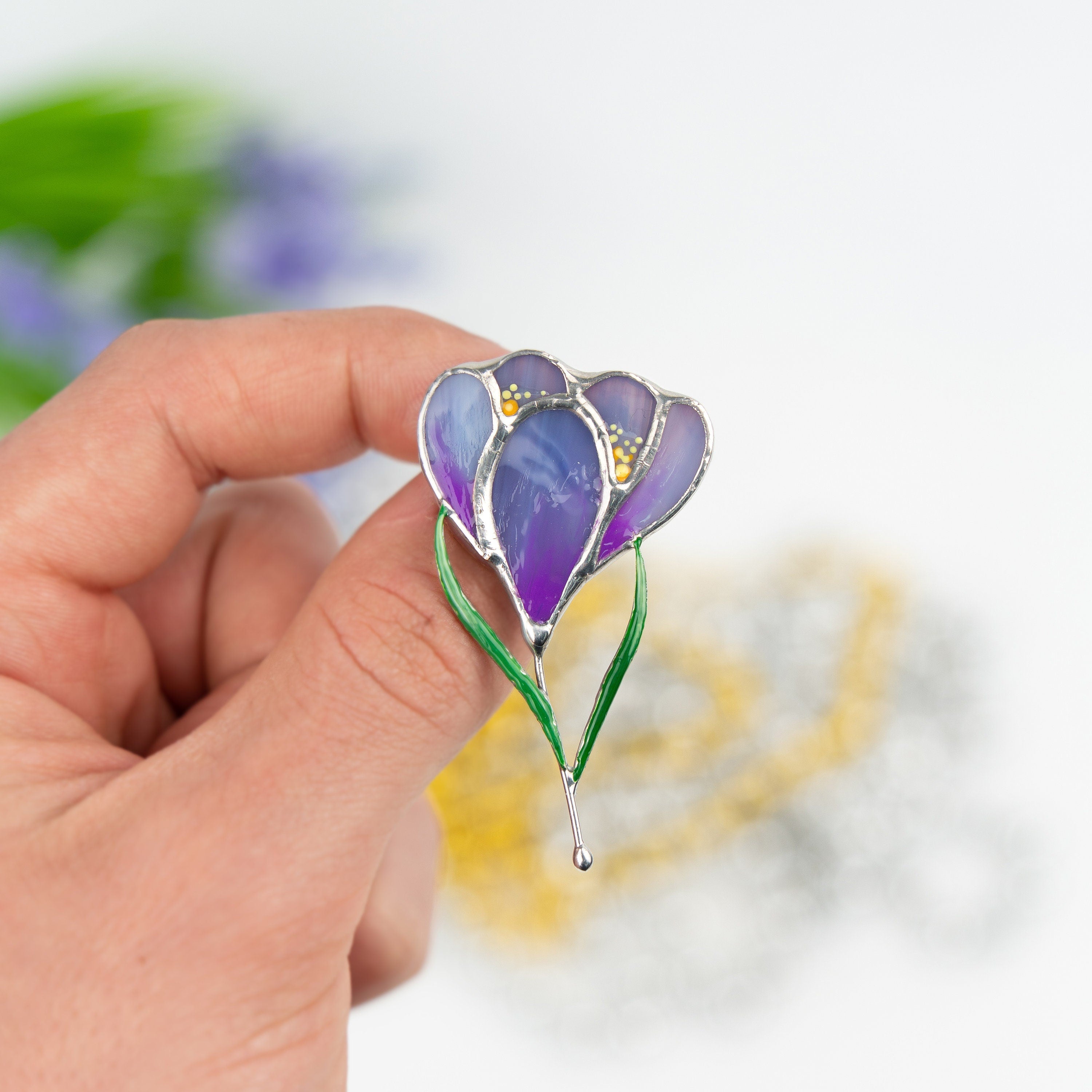 Saffron stained glass jewelry Mother in law gift Crocus stained glass flower brooch
