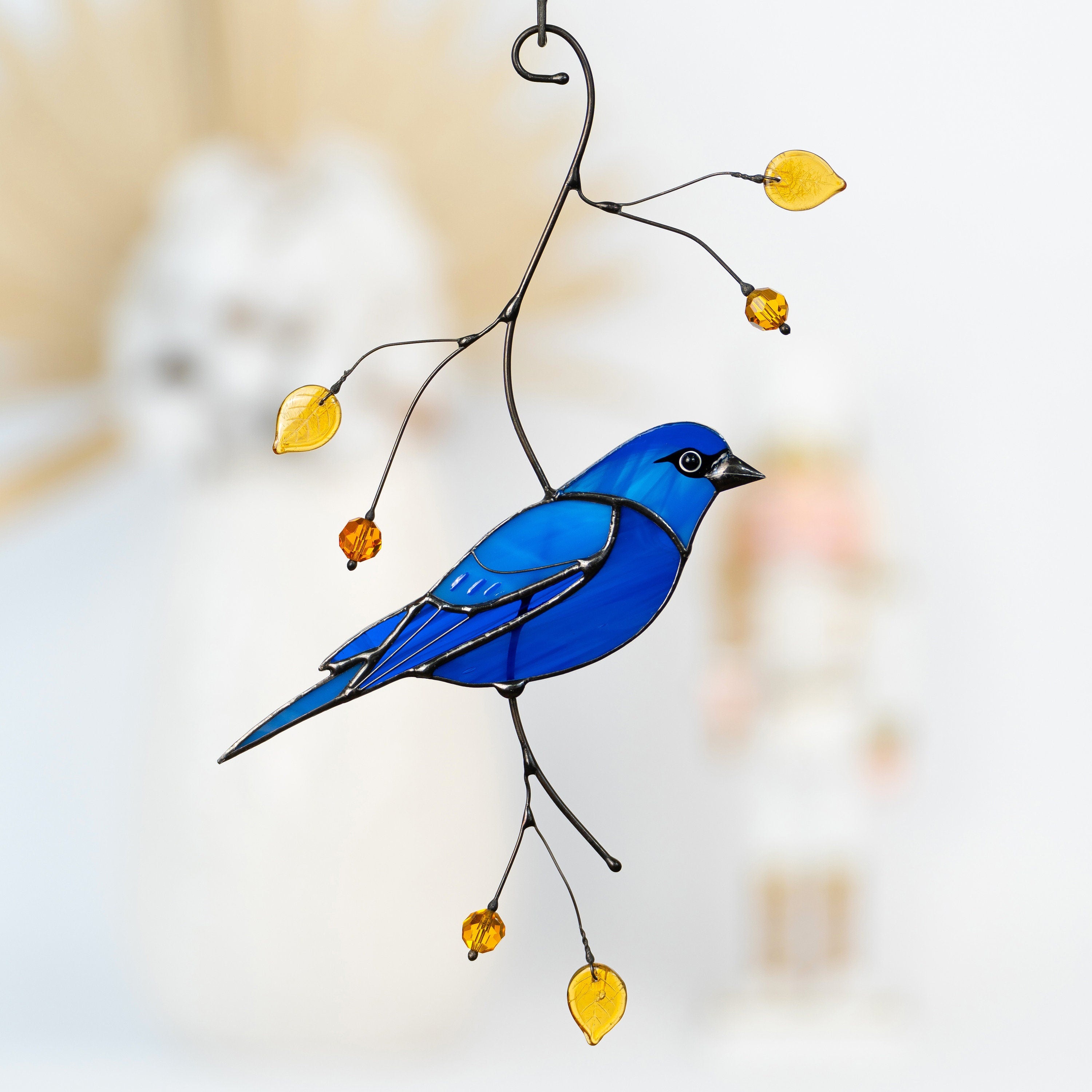 Indigo bunting stained glass window hangings Mother in law gift Custom stained glass bird suncatcher Fairy garden accessories Godfather gift