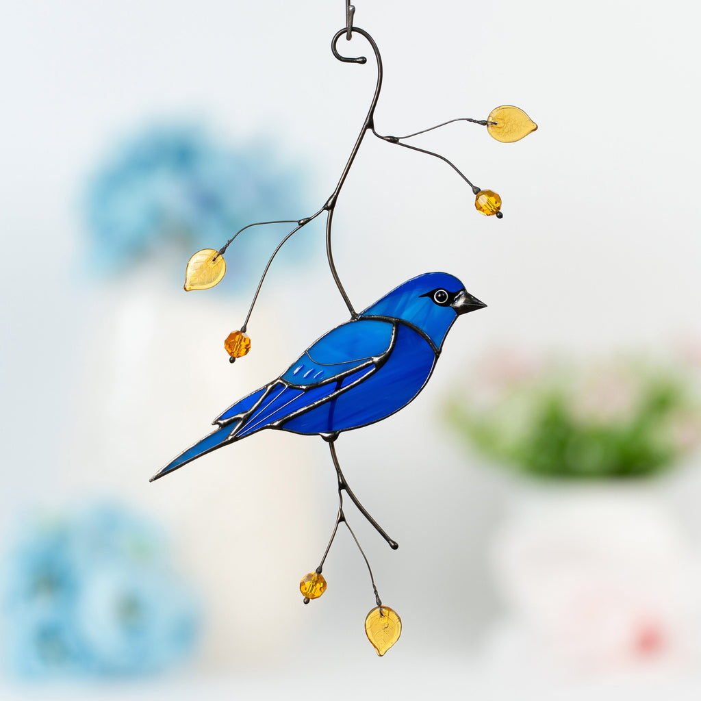 Indigo bunting stained glass window hangings Mother in law gift Custom stained glass bird suncatcher Fairy garden accessories Godfather gift