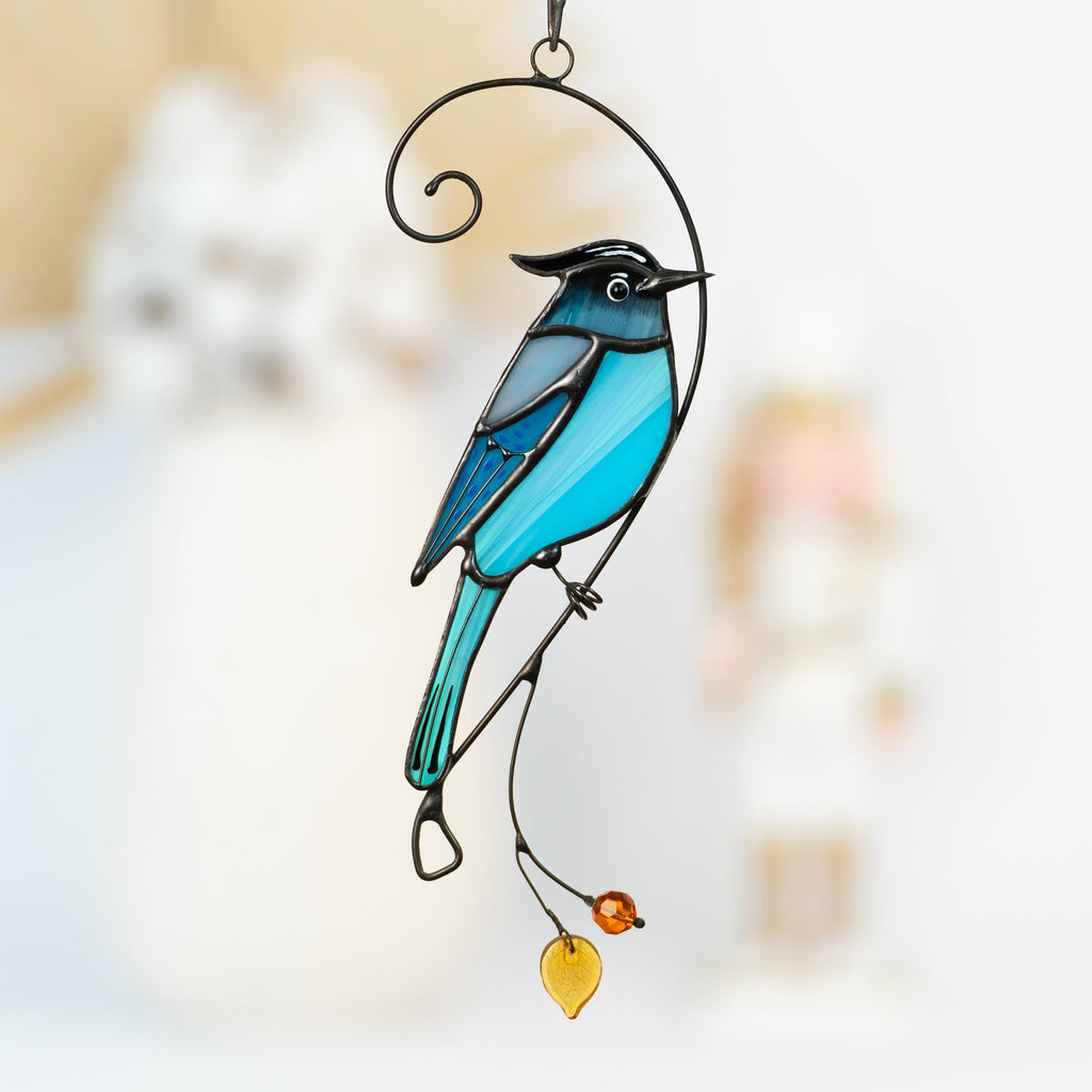 Steller jay stained glass bird suncatcher Mothers day gifts Custom stained glass window hangings Handmade product Fairy garden accessories