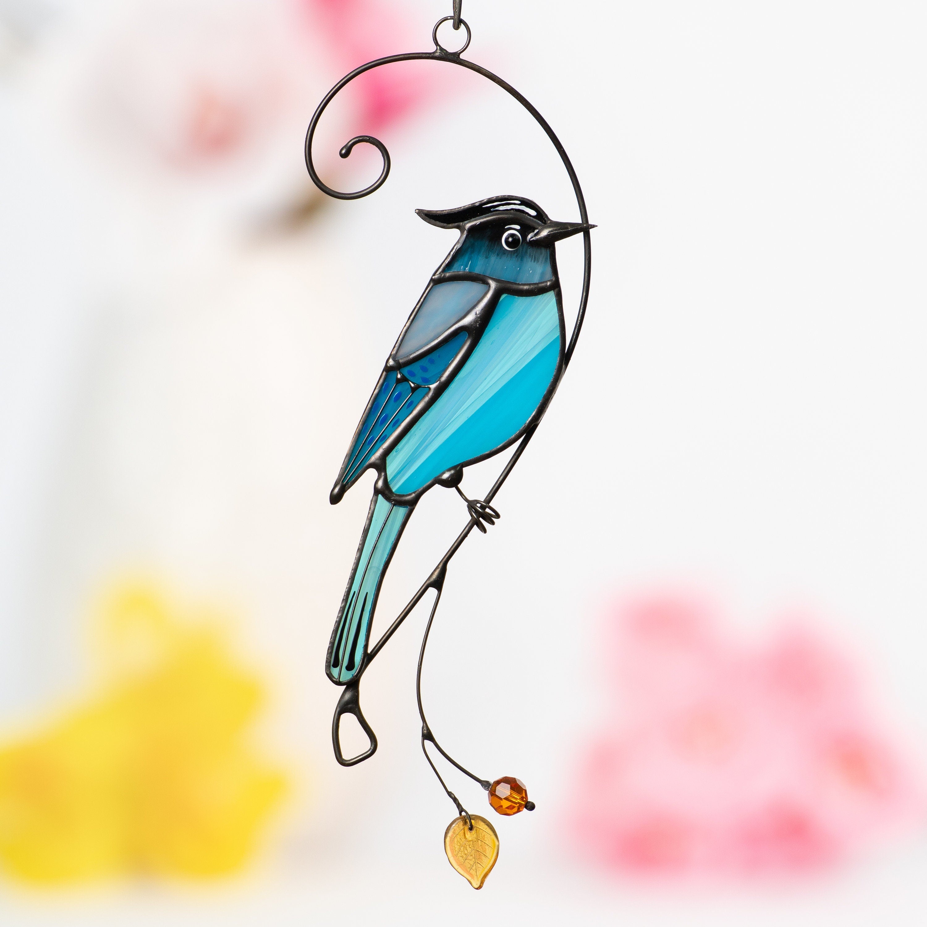 Steller jay stained glass bird suncatcher Mothers day gifts Custom stained glass window hangings Handmade product Fairy garden accessories
