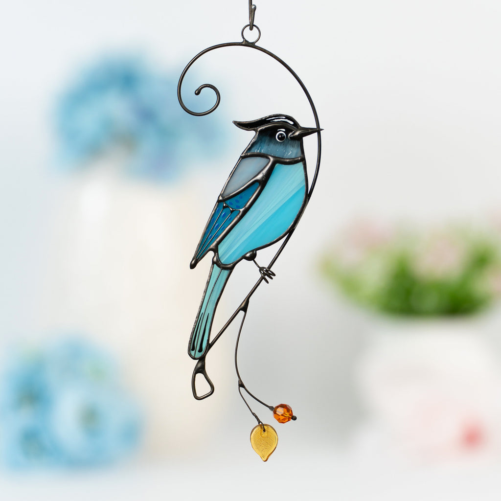 Steller jay stained glass bird suncatcher Mothers day gifts Custom stained glass window hangings Handmade product Fairy garden accessories