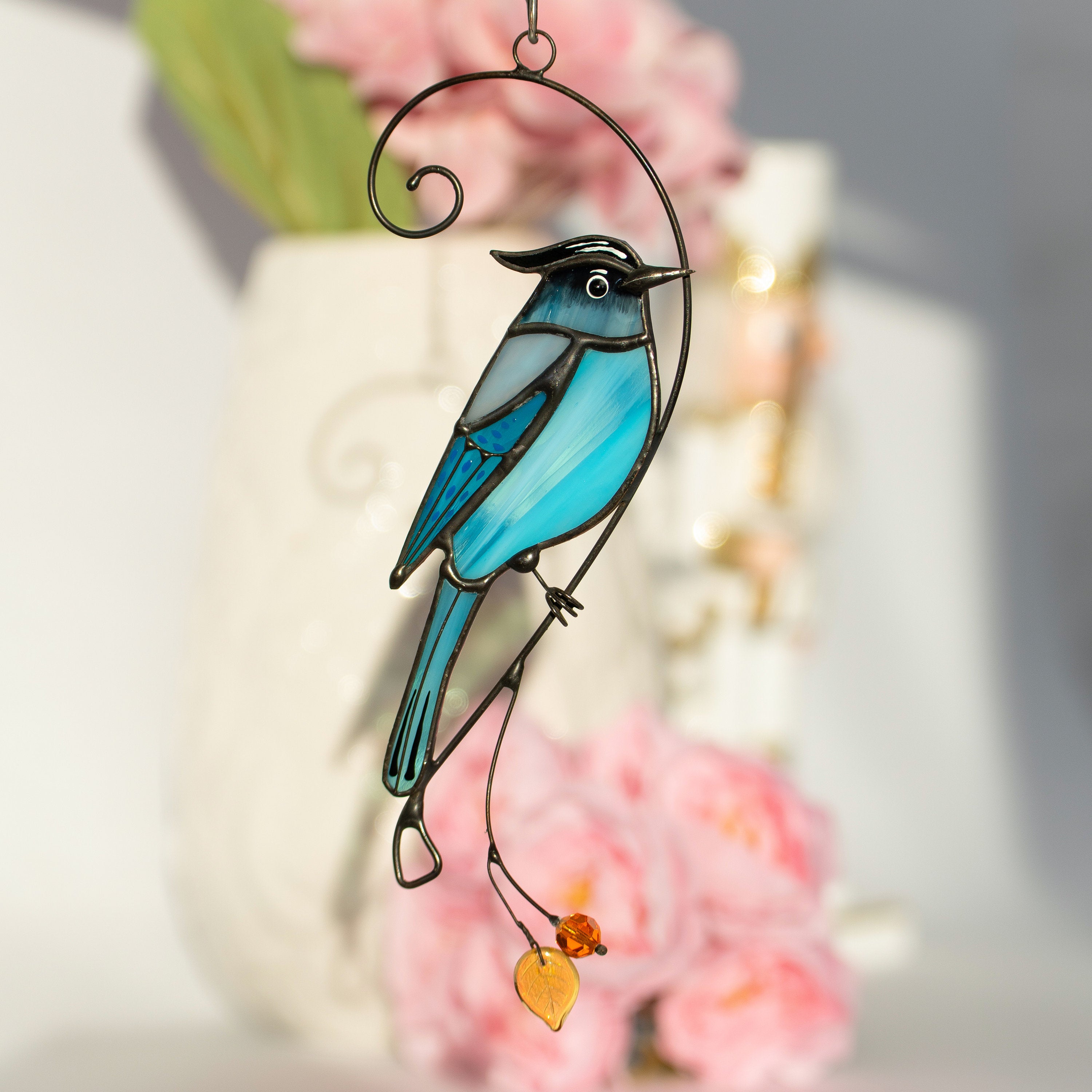 Steller jay stained glass bird suncatcher Mothers day gifts Custom stained glass window hangings Handmade product Fairy garden accessories
