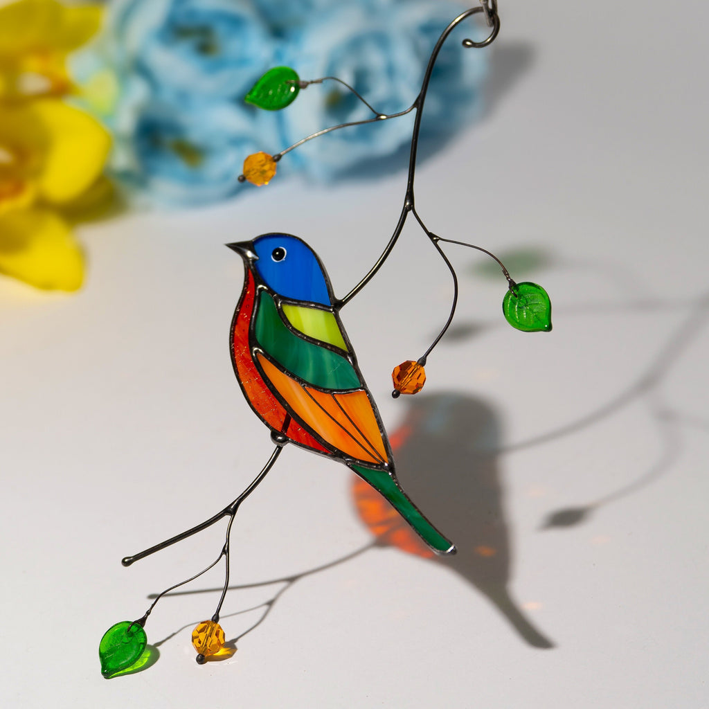 Stained glass bird suncatcher Mother in law gifts Painted bunting bird Modern stained glass window hangings