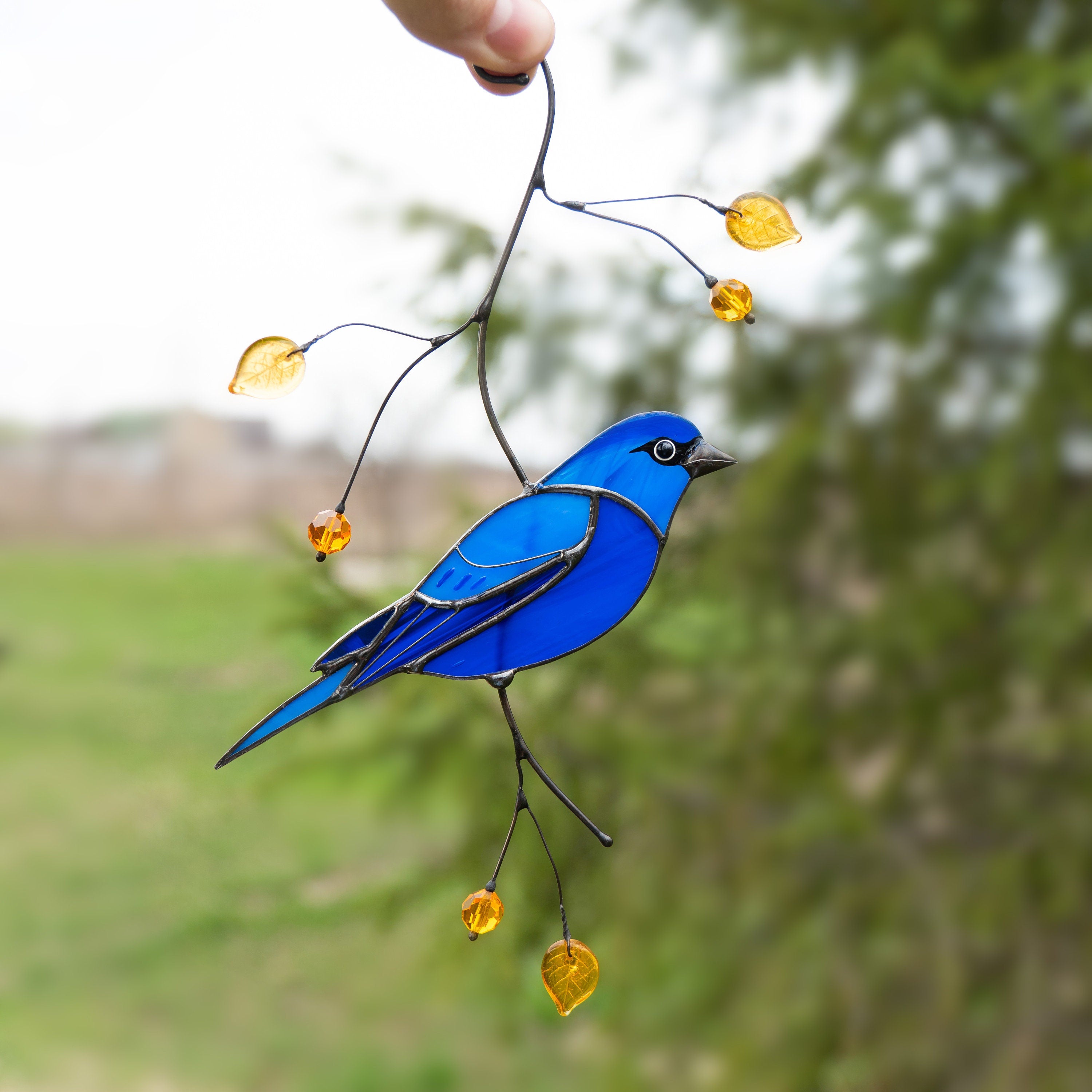 Indigo bunting stained glass window hangings Mother in law gift Custom stained glass bird suncatcher Fairy garden accessories Godfather gift
