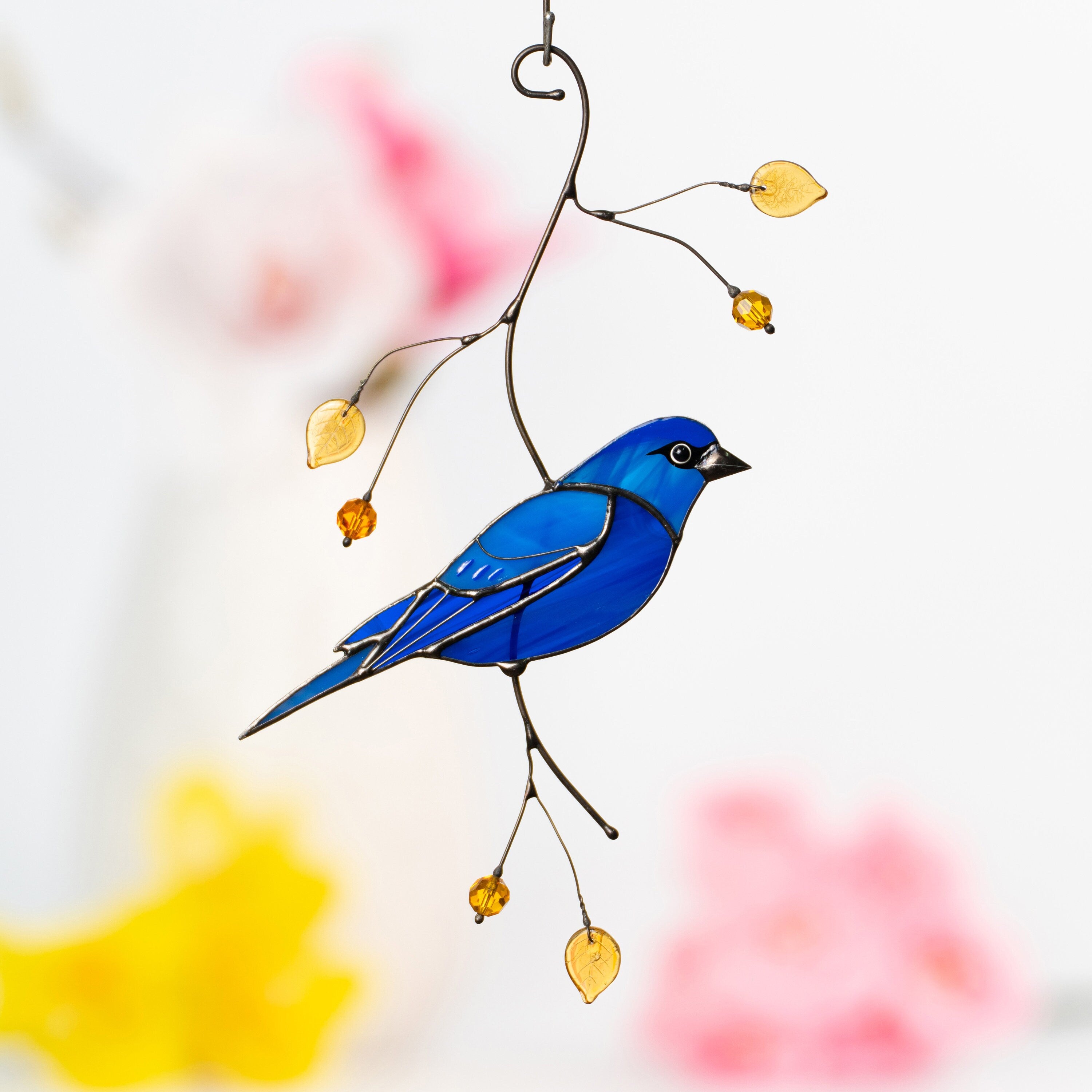 Indigo bunting stained glass window hangings Mother in law gift Custom stained glass bird suncatcher Fairy garden accessories Godfather gift