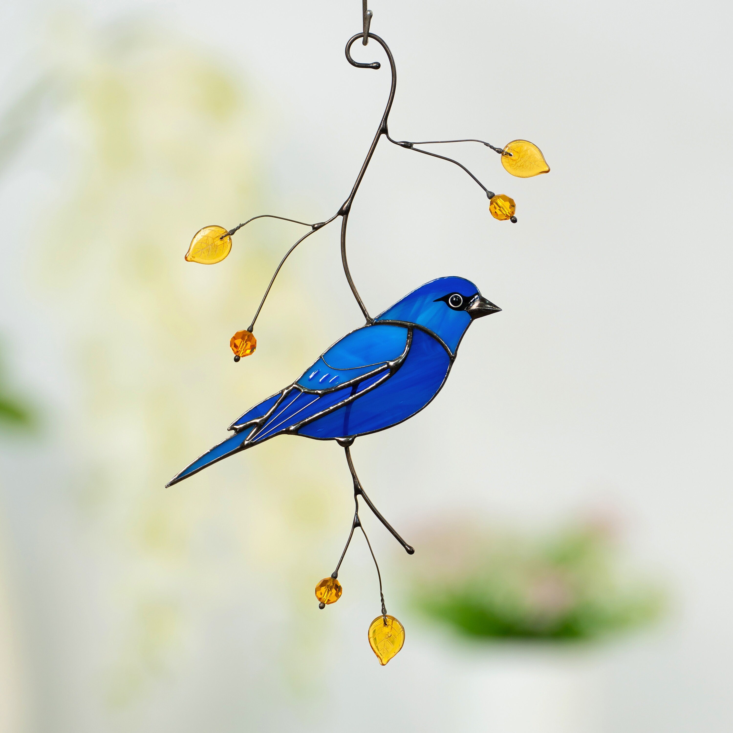 Indigo bunting stained glass window hangings Mother in law gift Custom stained glass bird suncatcher Fairy garden accessories Godfather gift