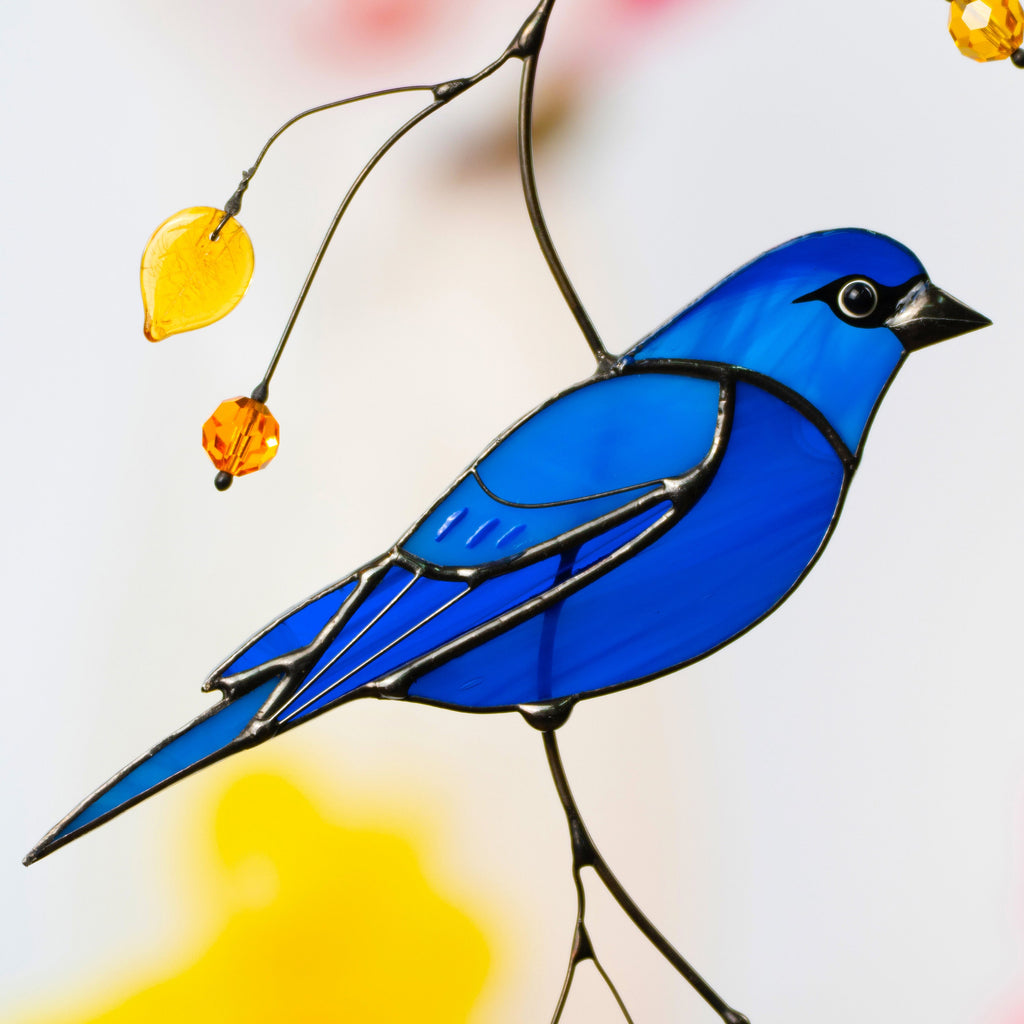 Indigo bunting stained glass window hangings Mother in law gift Custom stained glass bird suncatcher Fairy garden accessories Godfather gift