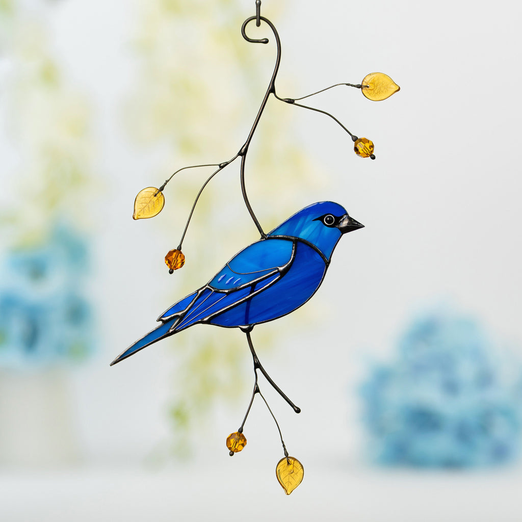 Indigo bunting stained glass window hangings Mother in law gift Custom stained glass bird suncatcher Fairy garden accessories Godfather gift