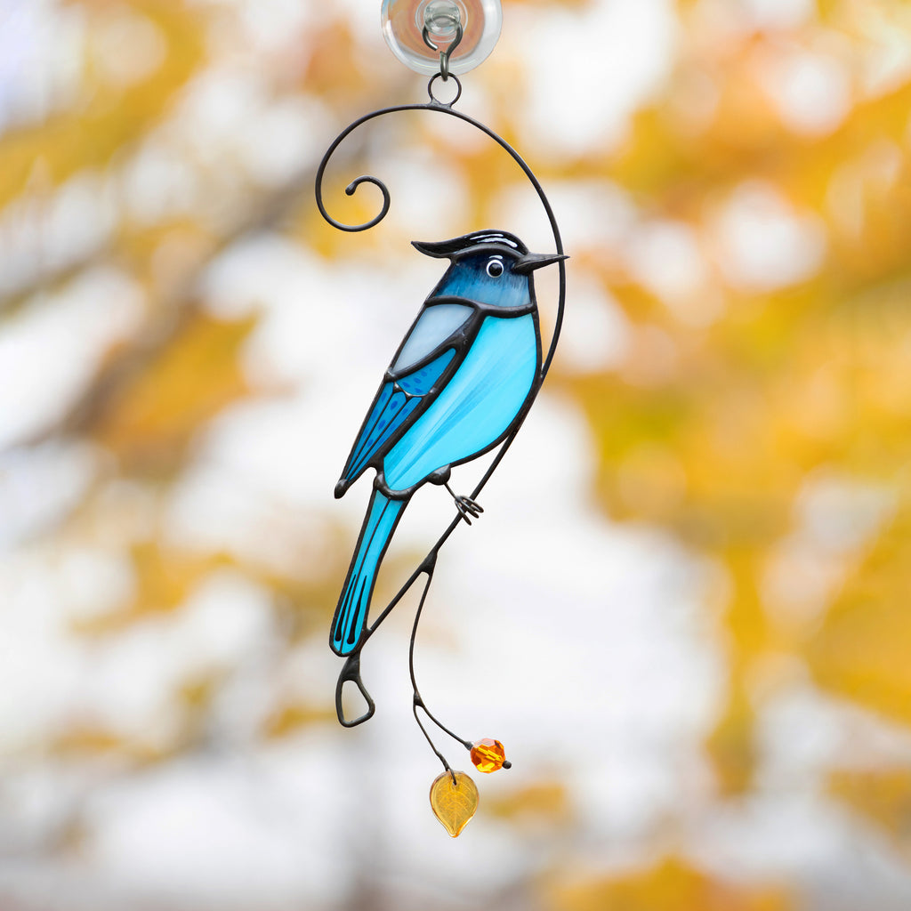 Steller jay stained glass bird suncatcher Mothers day gifts Custom stained glass window hangings Handmade product Fairy garden accessories
