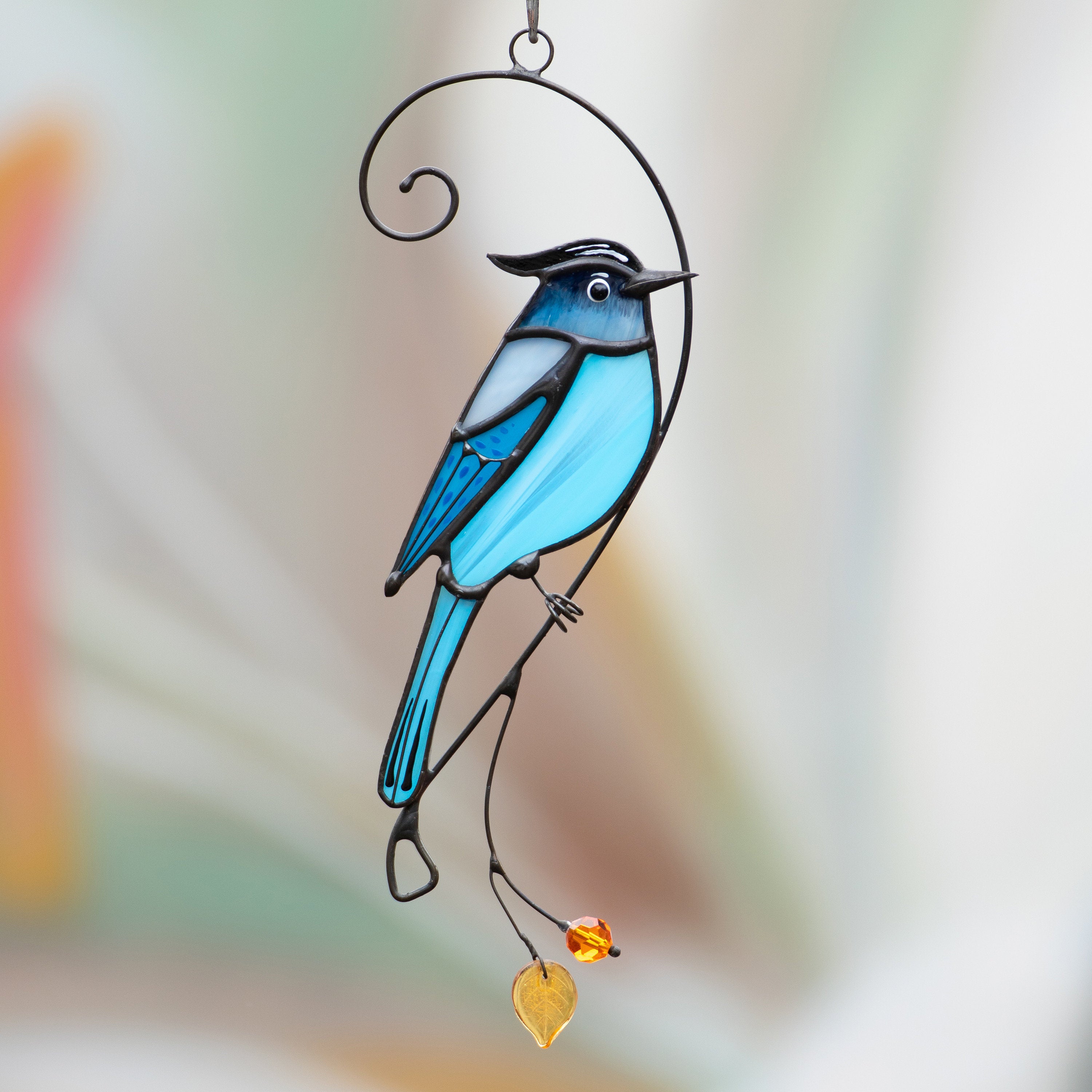 Steller jay stained glass bird suncatcher Mothers day gifts Custom stained glass window hangings Handmade product Fairy garden accessories