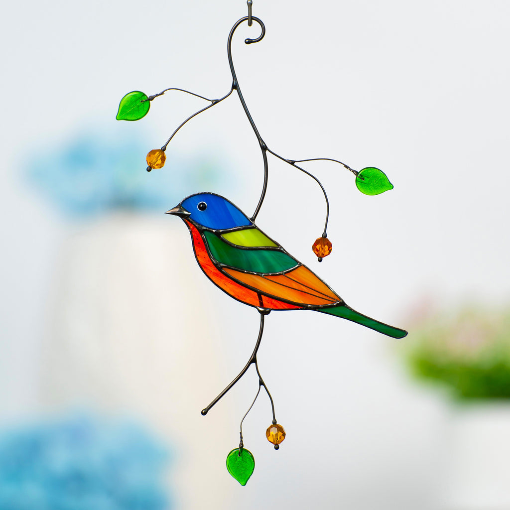 Stained glass bird suncatcher Mother in law gifts Painted bunting bird Modern stained glass window hangings