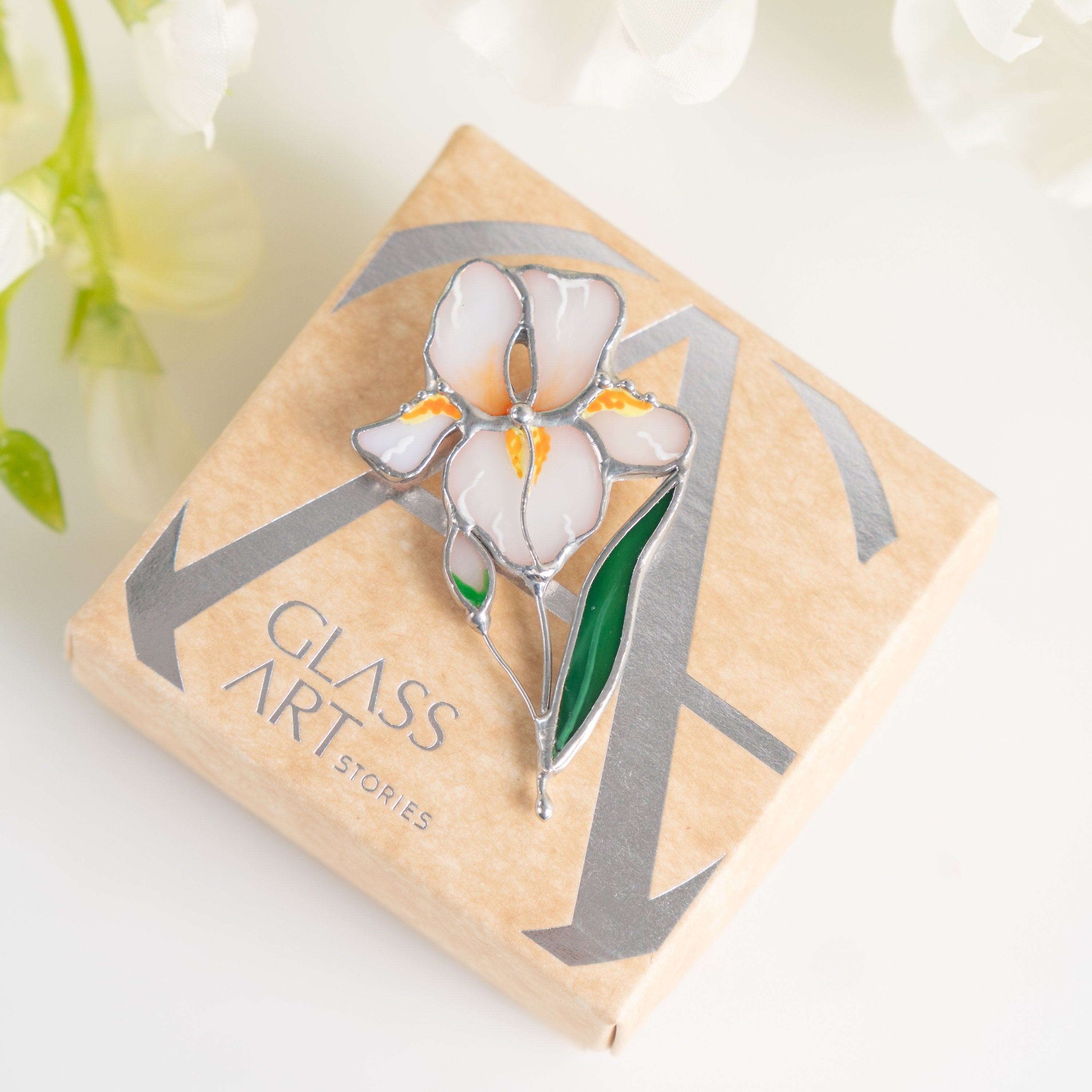 Iris stained glass brooch Godmother gift White floral jewelry